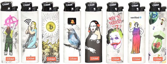 Zeven Cricket aanstekers met diverse straatkunst-designs, waaronder Mona Lisa, Bitcoin, een vogel en de Joker.