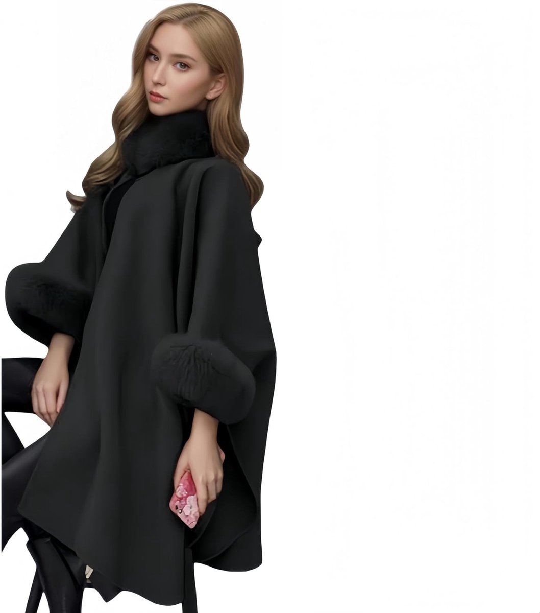 Elegante A-Lijn Gebreide Cape met Grote Faux Fur Kraag en Capuchon voor Dames, Winterjas, Warm Poncho Cardigan, Maat L~3XL
