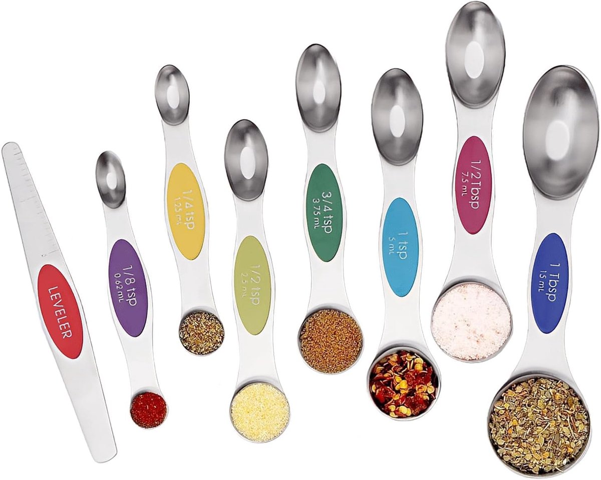 Set van 8 Magnetische Maatlepels - voor droge en vloeibare ingrediënten