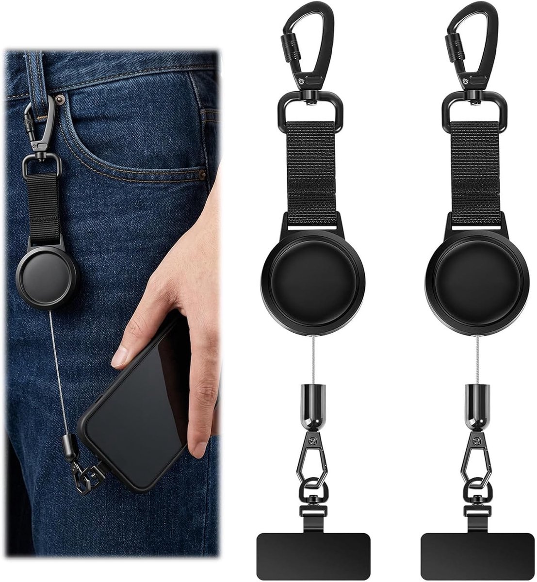 Intrekbare riem voor mobiele telefoon, anti-diefstal, uittrekbaar met metalen haak en draaibare ring voor wandelen, klimmen en vissen