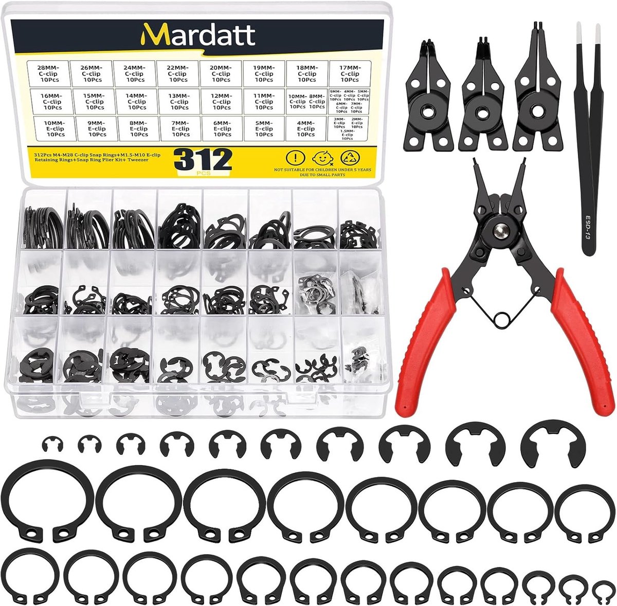 Complete Set van 312 Stuks C-Clip en E-Clip Retainers met Snap Ring Pliers en Pincet voor Diverse Toepassingen