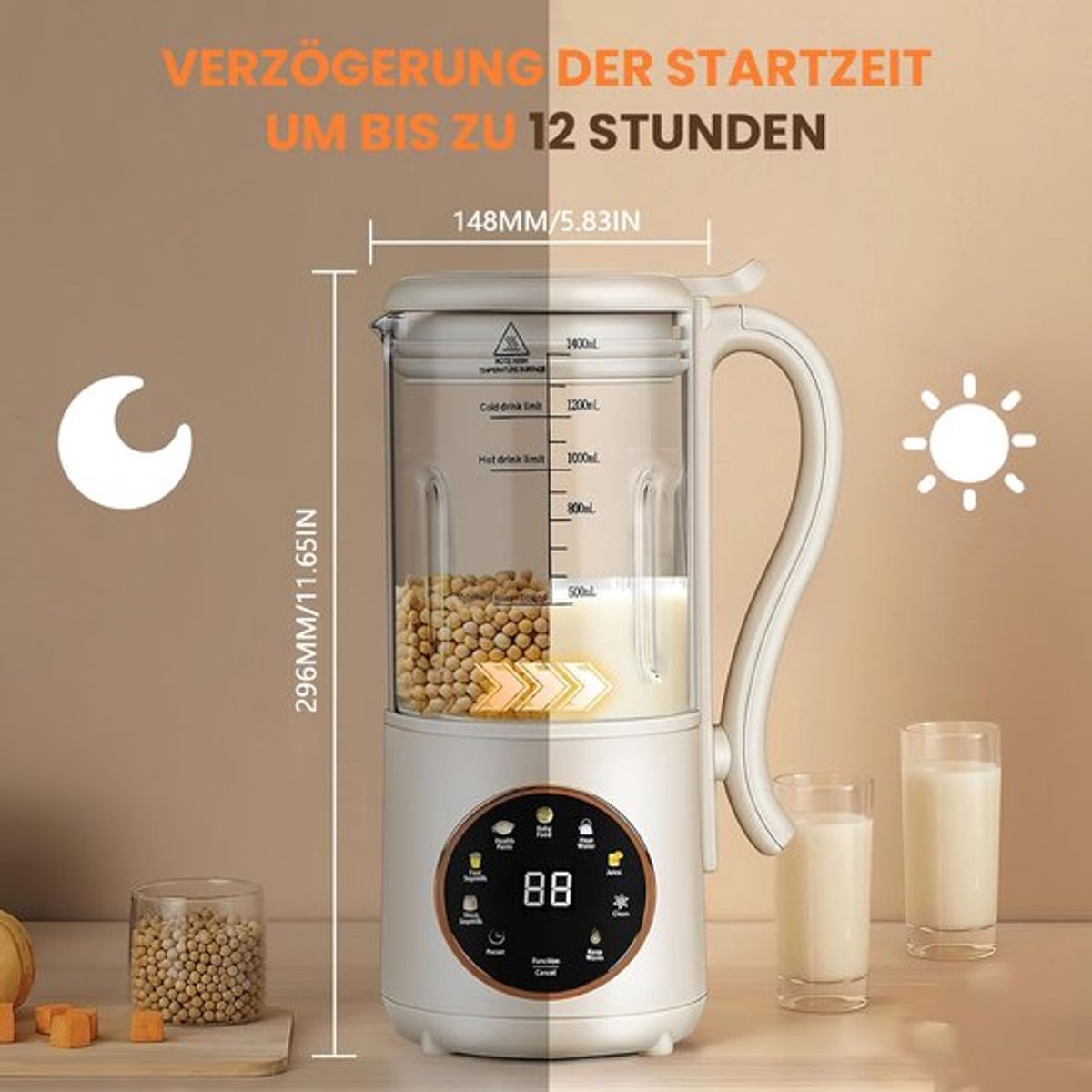 Elektrische Koffiepoeder Roermachine - 1400 ml Inhoud - 1400 W Vermogen - Glas En RVS - Voor Instant Koffie En Melkpoeder