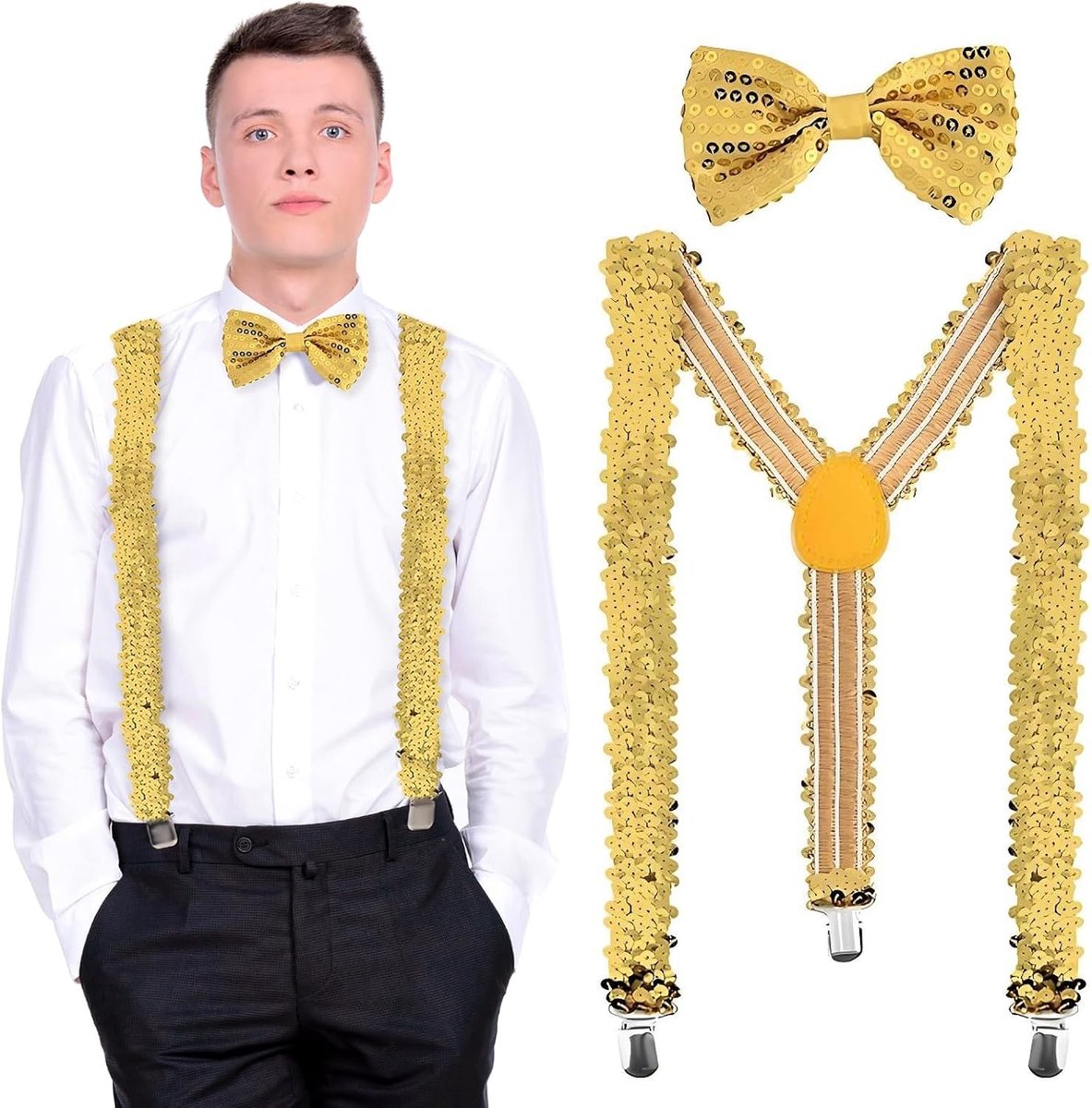 Set van 2 Pailletten, Verstelbare Vlinderdas en Bretels voor Feestkostuums, Disco, Carnaval en Optredens