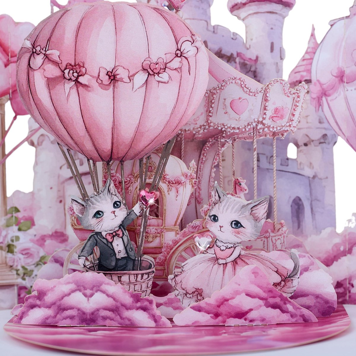 Pop-up verjaardagskaart - 3D met kasteel en katten - Roze