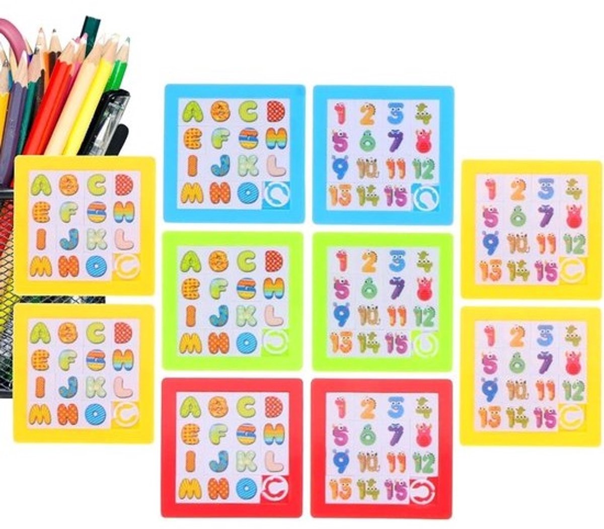 Schuifpuzzels Kinderen - Cijferpuzzels Letterpuzzels - Cognitieve Vaardigheden Trainen - Vorm en Kleur Herkenning - 7 x 7 cm