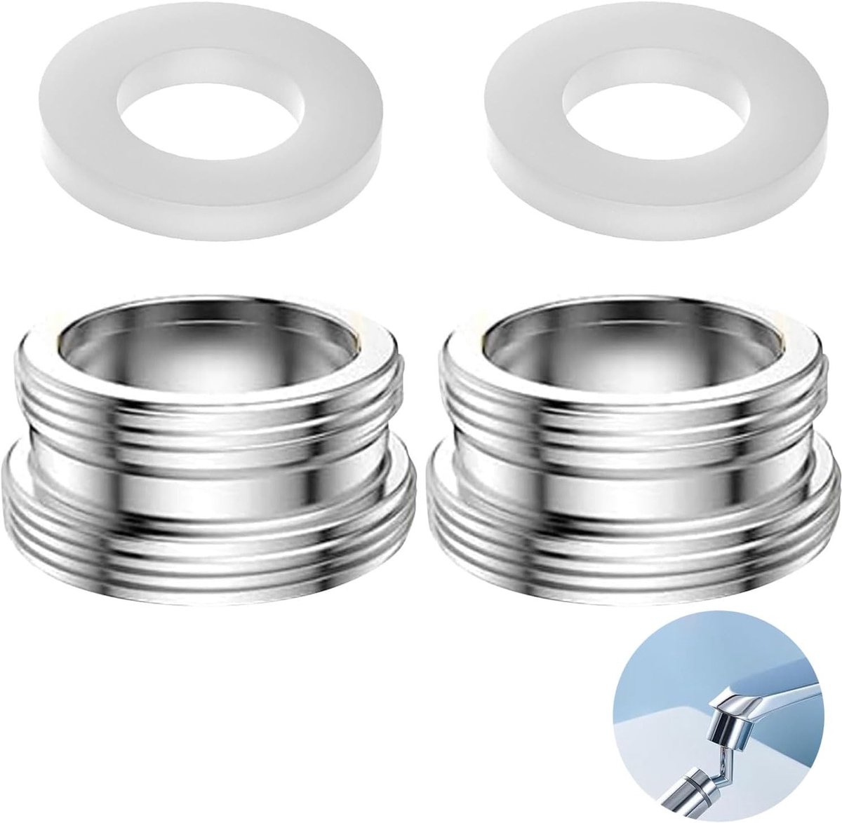 Set van 2 Tapadapters, M24 naar M22 Draad, Metalen Adapter met Rubber Ring voor Waterfilter, Waterbesparing en Keukentap Aansluiting, Sterk en Betrouwbaar
