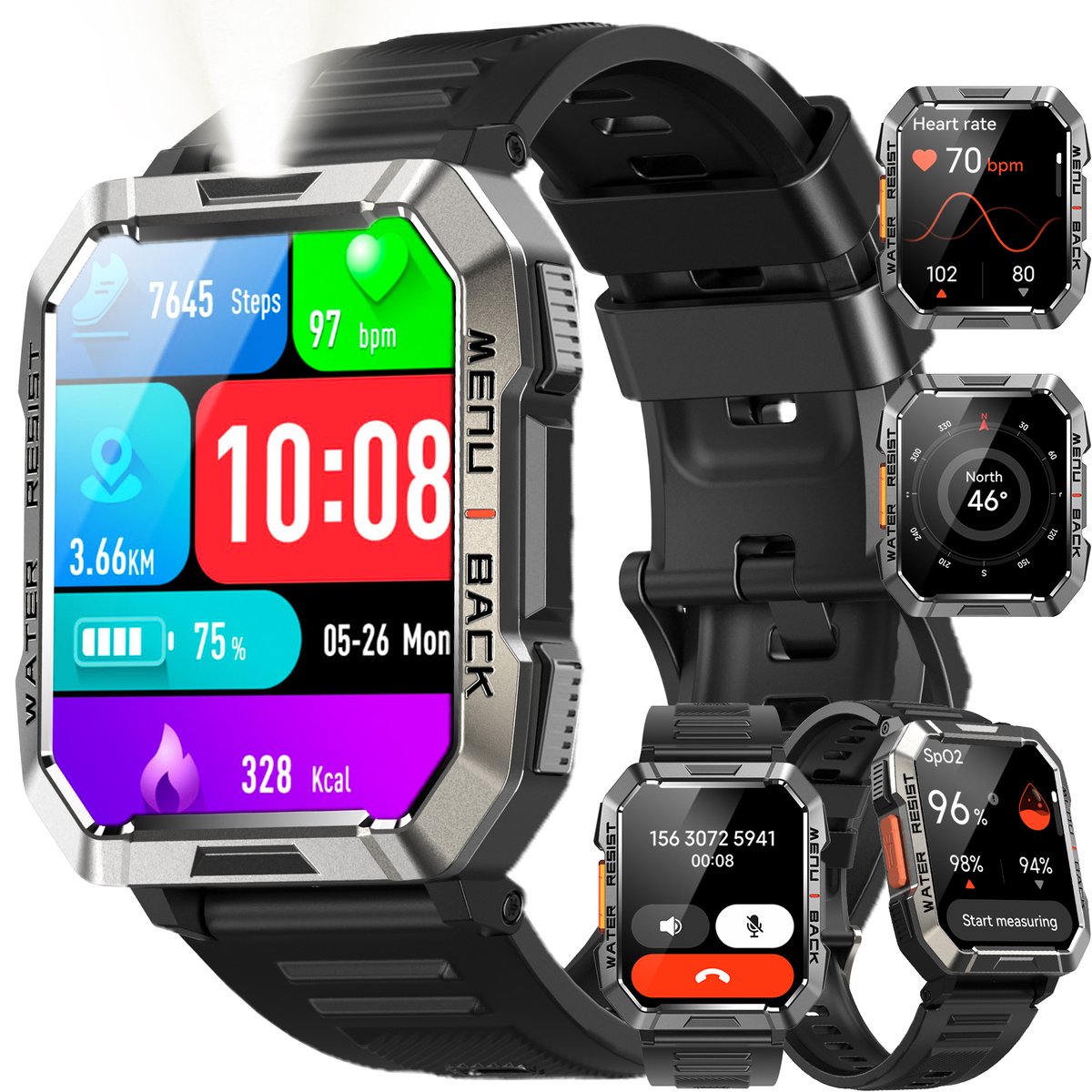 Militair Smartwatch Heren - W60 - Sporthorloge - Beantwoorden | Bellen - Buitensportsmartwatch Met Zaklamp - 100 Dagen Batterij | Kompas | Hartslag | SpO2 | Slaapmonitor - Fitnesstracker voor iOS/ Android -Zwart