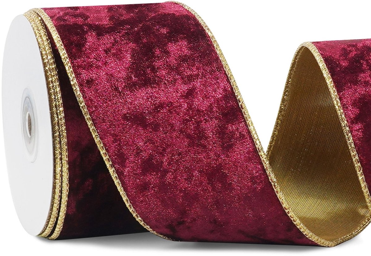 Kerstribbon van fluweel - Bordeaux met gouden achterkant - 6,3 cm breed, 10 m lang