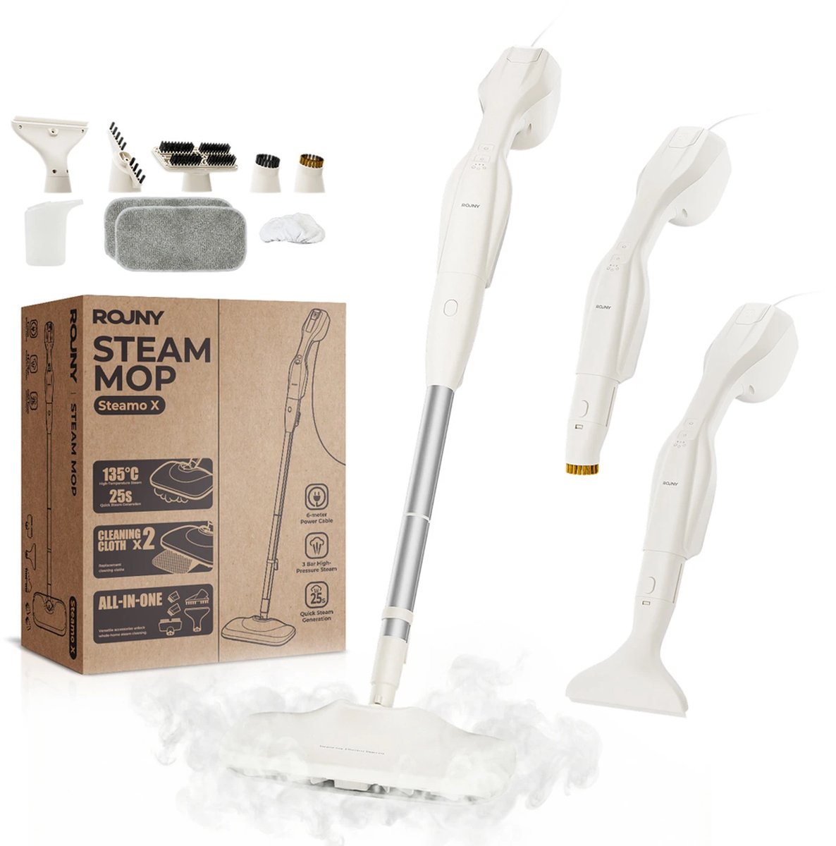 Stoomreiniger 2-in-1 – Stoommop en Handstoomreiniger – 1200W – 3 Bar – 25 sec Opwarmtijd – 6 m Kabel
