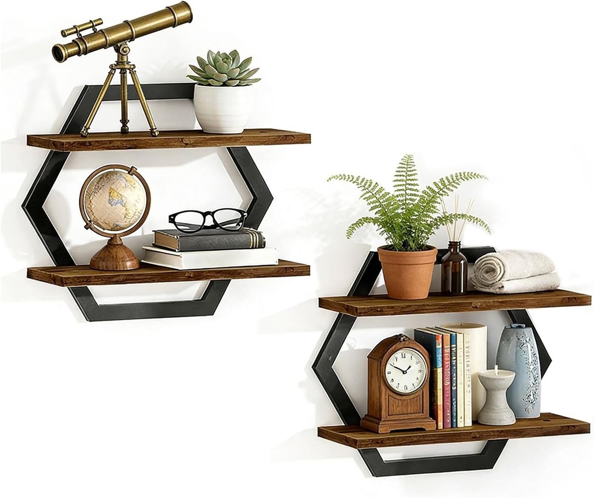 Set van 2 Wandplanken van Hout en Metaal, Drijvende Planken voor Woonkamer, Slaapkamer en Keuken, Hexagon Vormige Wandplanken met 2 Niveaus