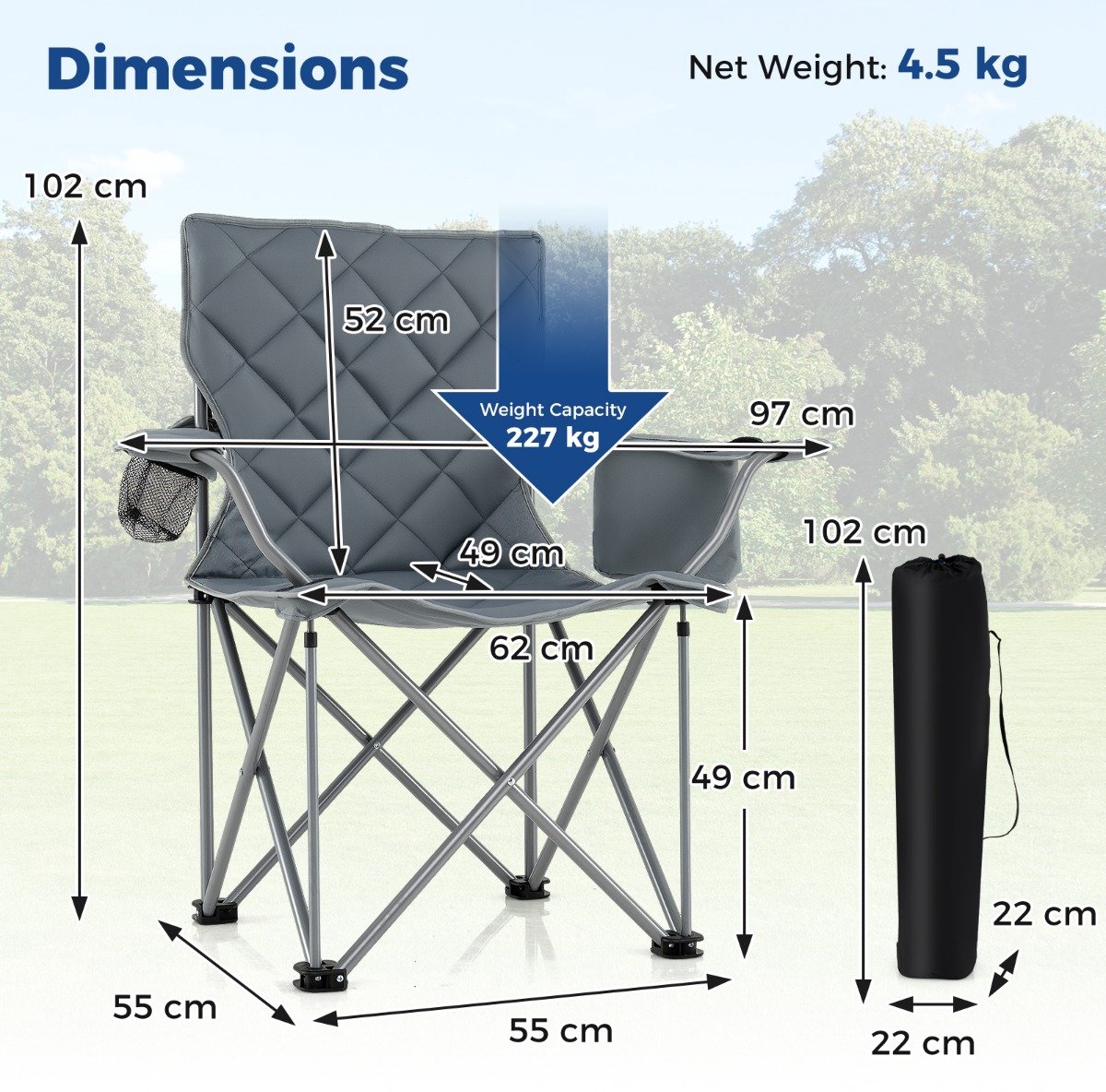 SureDeal® - Kamper - Extra Grote Campingstoel - Koeltas - Bekerhouder Opvouwbare Tuinstoel - Draagtas - 97x55x102 cm - Grijs