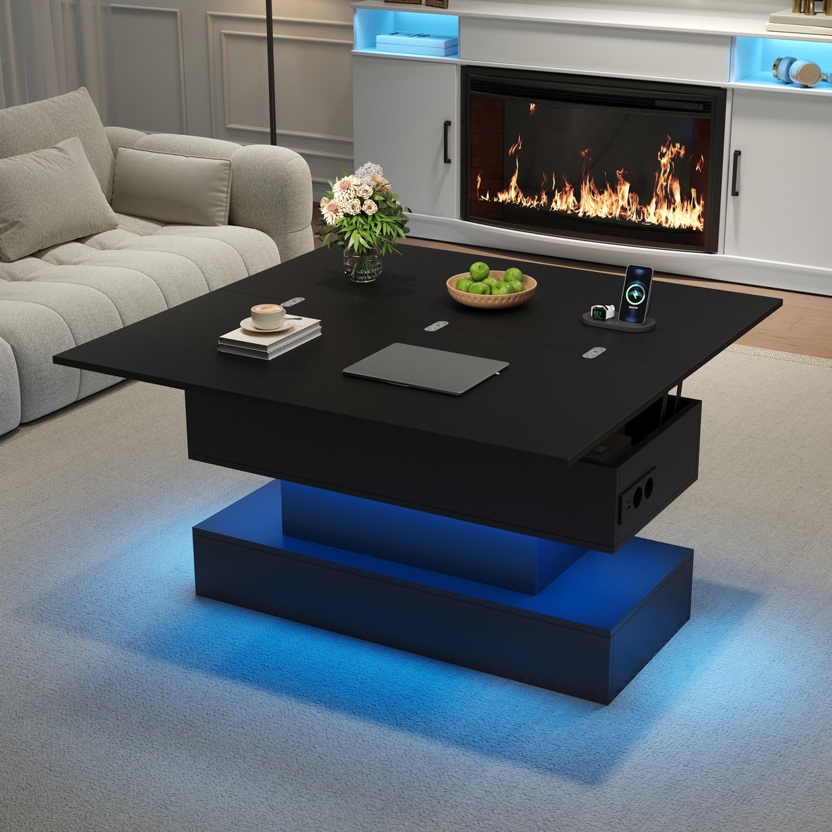 DESMIU Salontafel Met Verstelbare Hoogte En LED Verlichting Met Opbergruimte En Stopcontact Voor Woonkamer Hout Zwart 100x50x51,5 Cm