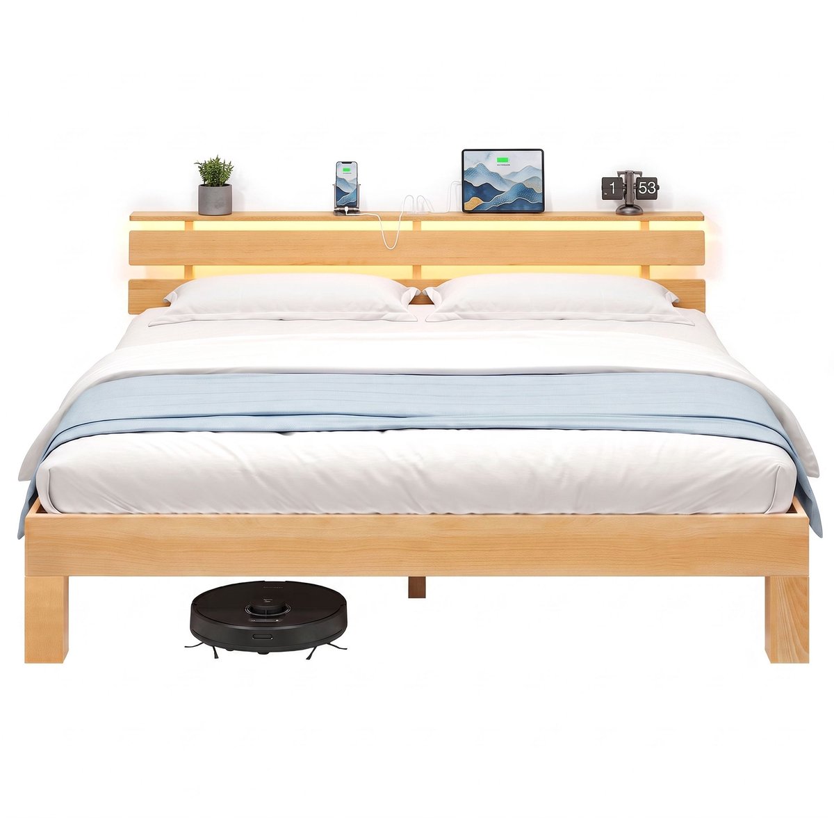 Bedframe – Met LED-verlichting – Met USB-aansluiting – Naturel – 180 x 200 cm