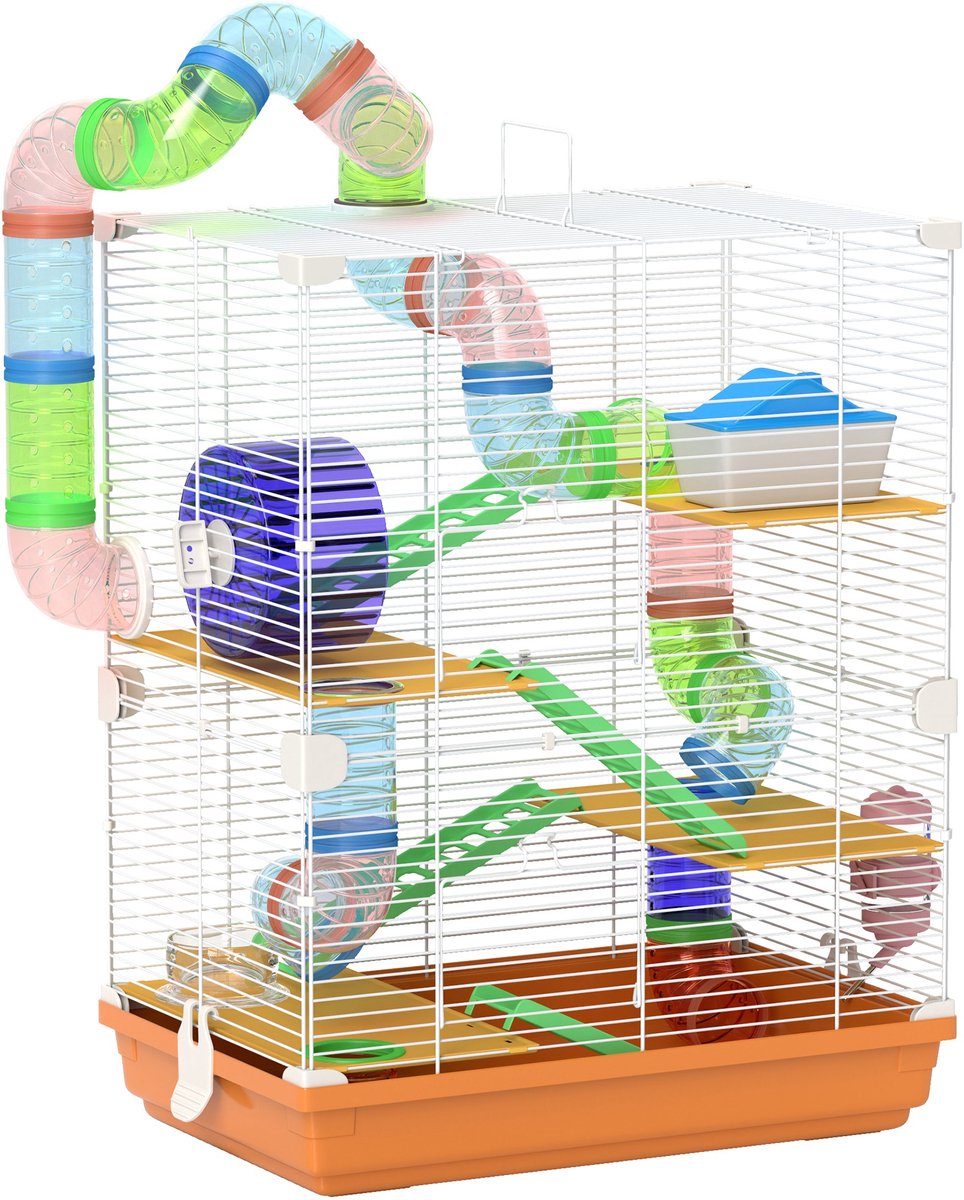 Hamster - Kooien voor knaagdieren - 5 verdiepingen - met tunnel - voerbak - looprad - ladder - afmetingen: 46 x 30 x 58 cm - oranje