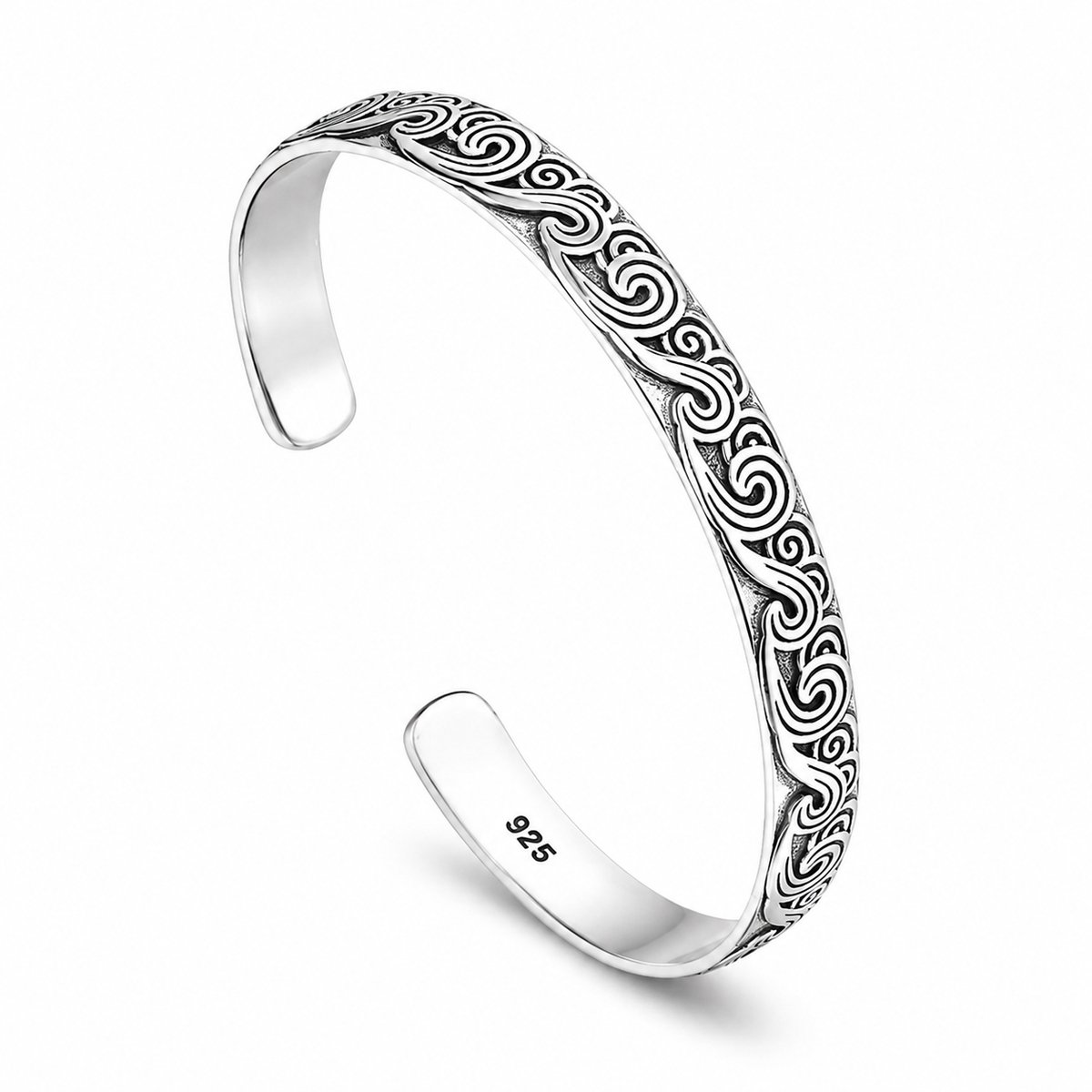 Marama - Tibetaanse Armband Waves 925 Sterling Zilver – Luxe Zilveren Bangle – Verstelbaar – Dames