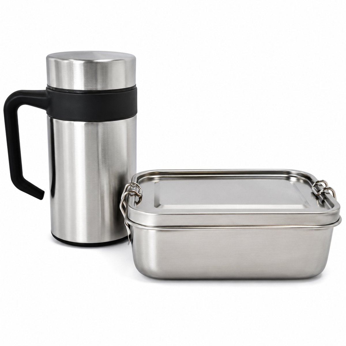 My Green Deal - RVS Lunchbox 850 ml + Thermosbeker 400 ml - 304 RVS - Lekvrije Broodtrommel - Dubbelwandige Koffiebeker - Zilver