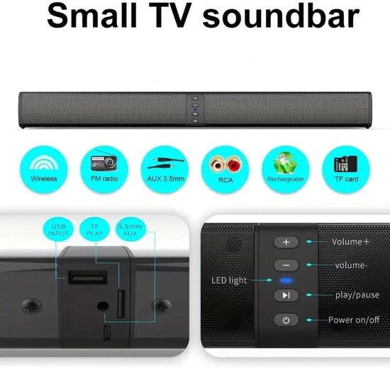 Soundbar met Subwoofer - PC Luidspreker Home Cinema - Muziek Luisteren - 2-in-1 Afneembaar Ontwerp - N.v.t. - Zwart — afbeelding 3