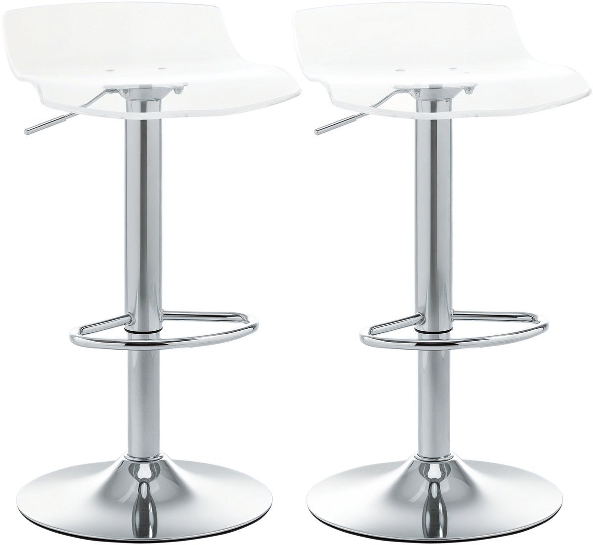 Set van 2 barkrukken in moderne stijl – met acrylzitting en metalen onderstel – 360° draaibaar – in hoogte verstelbaar – met voetsteun – transparant