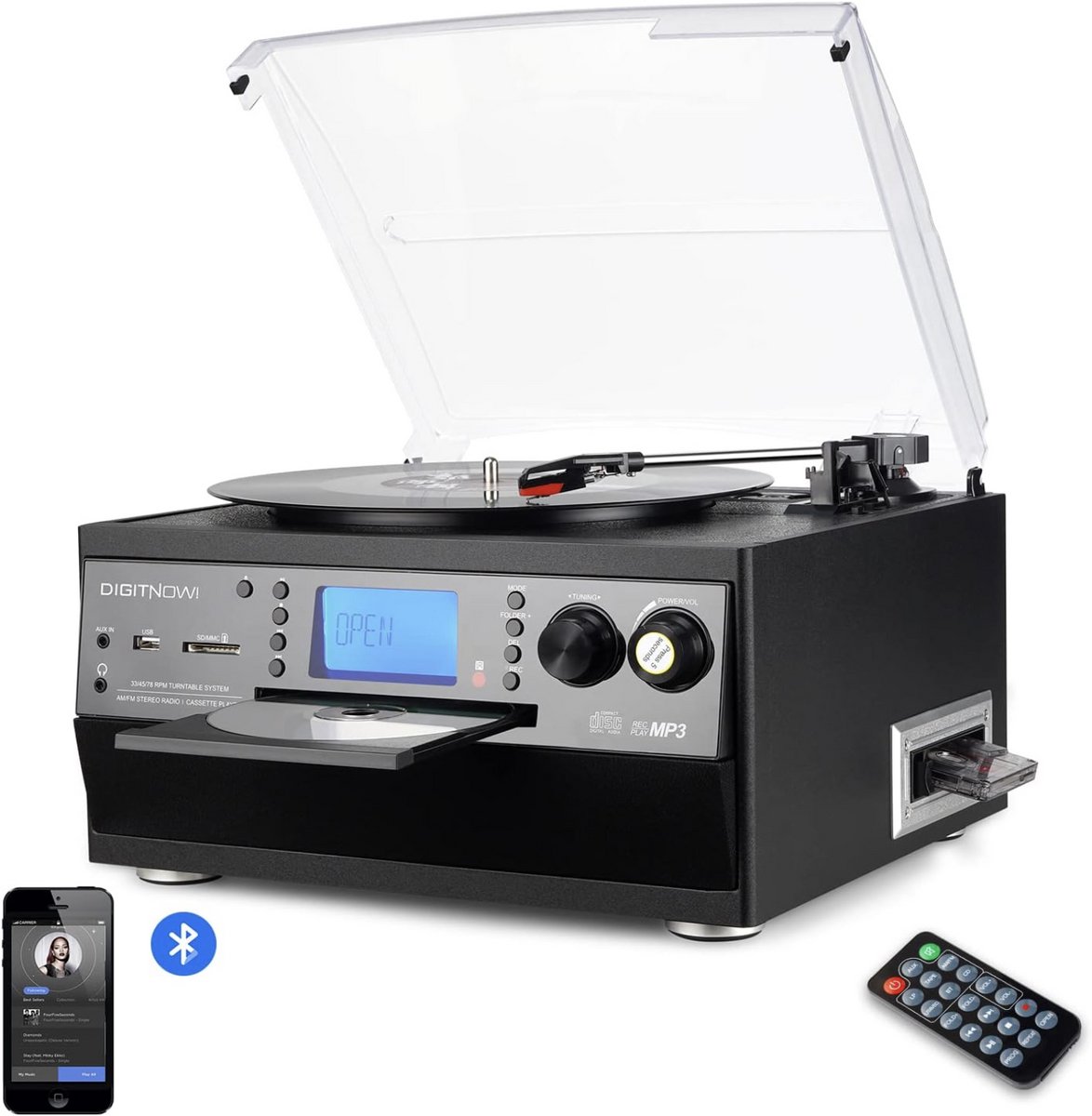 DIGITNOW Bluetooth Platenspeler met CD, Cassette, Radio & USB – Vinyl naar MP3 Converter - zonder speakers