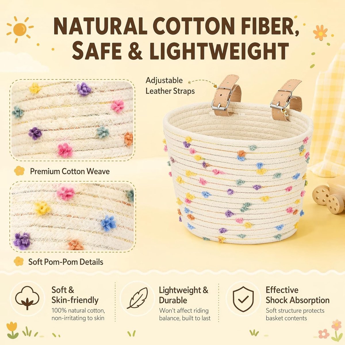 Fietsmandje voor Kinderen - Naturel - 20 x 15 x 15 cm - Geweven Sisaltouw met Verstelbare Leren Riempjes - Voor Loopfietsen en Kinderwagens