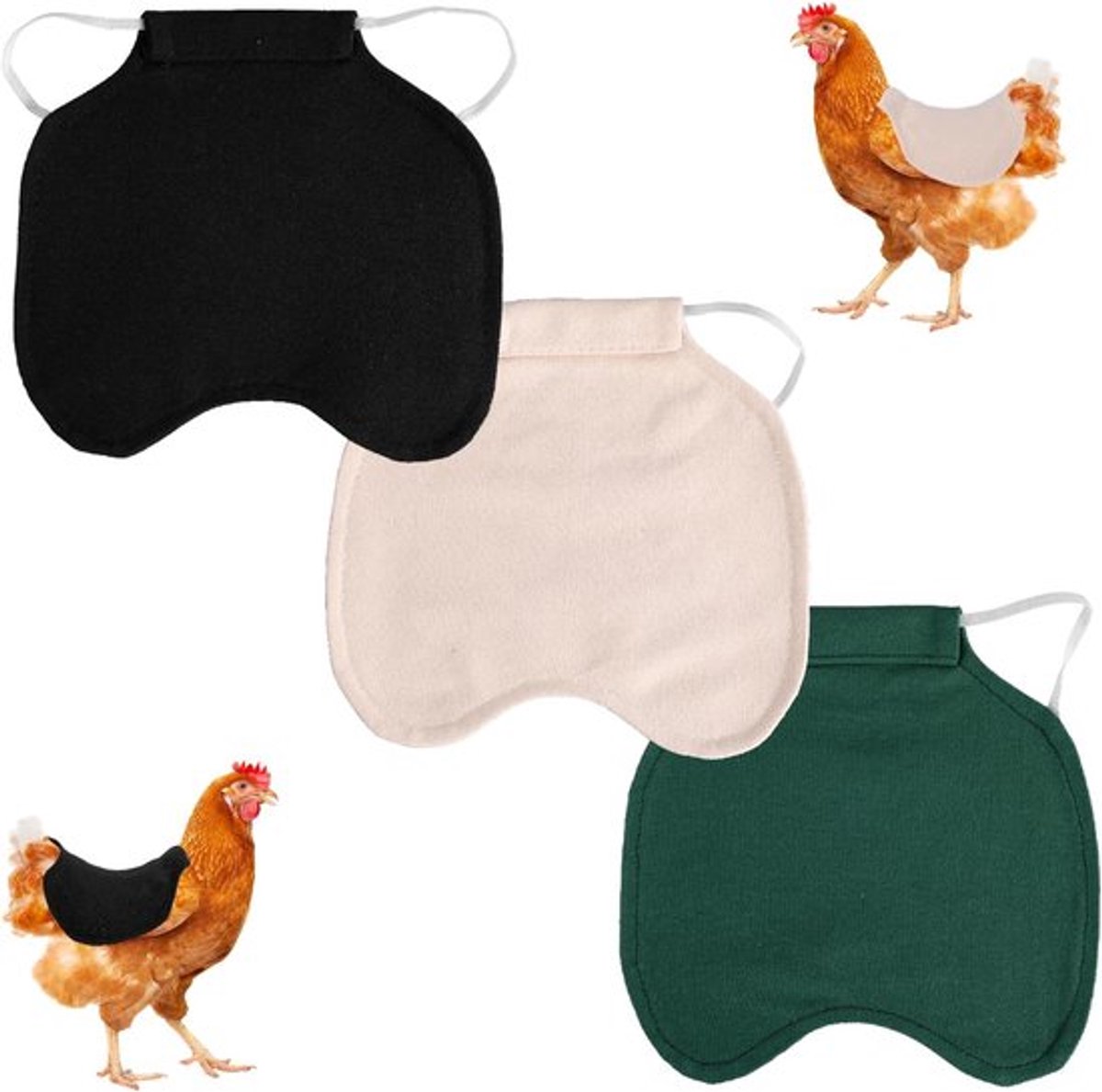 3 Stuks Kippenzadel voor Hennen - Comfortabele Kippenschorten Rug en Zijbeschermers voor Kippen - Accessoires Bescherming Van Pluimveeveren Buitenshuis (Groen, Zwart, Kaki)