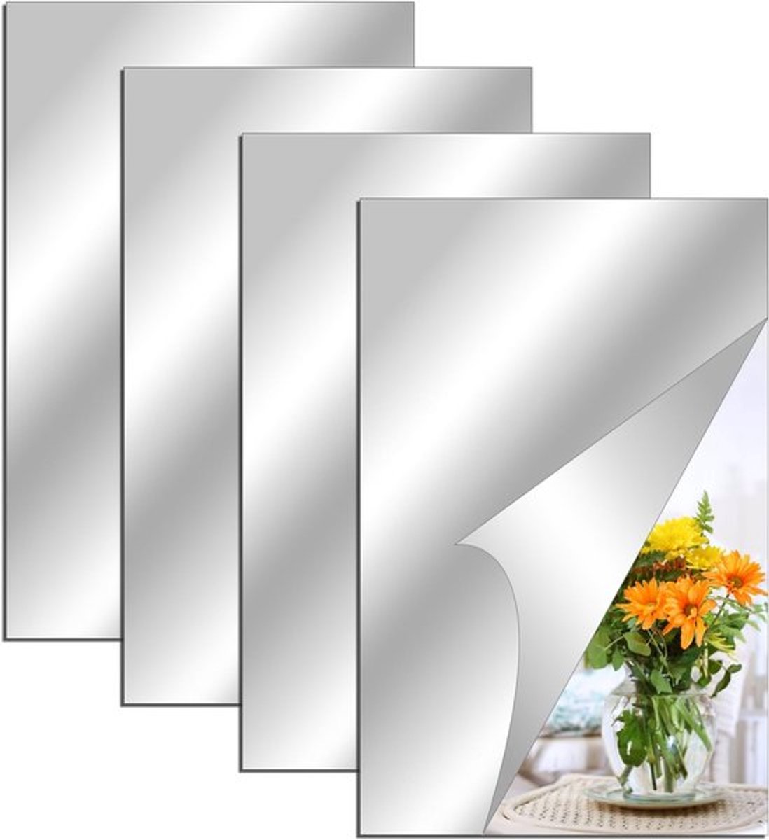 4 Stuks Geen Glazen Spiegel - 20cm×30cm Zelfklevende Spiegels - Flexibele Spiegelfolie - Grote Plakspiegels voor Muren - Vierkant voor Badkamer, Slaapkamer, Woonkamer, Kleedkamer, Gang