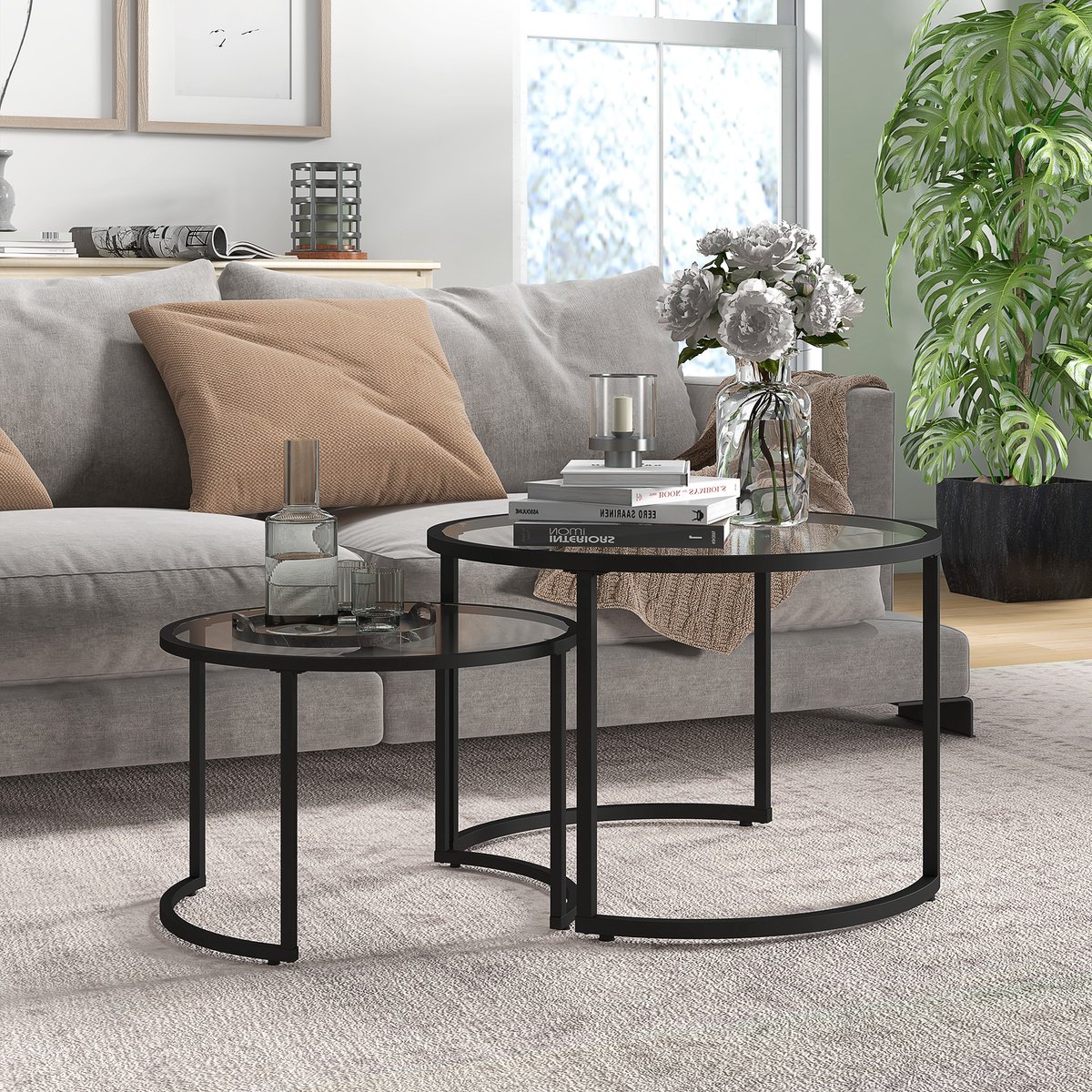 DESMIU Salontafel Set Van 2 - Rond Met Gehard Glas En Staalframe - Stapelbaar Voor Woonkamer En Lounge - Zwart - Ø70 Cm