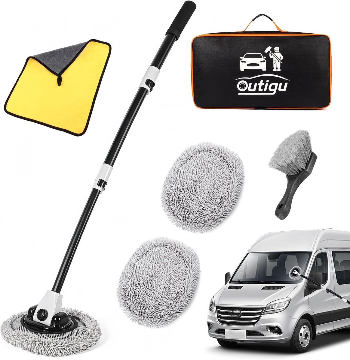 Autowasborstel - Wit - Telescoopsteel - 3-in-1 Reinigingsset voor Auto en Vrachtwagen