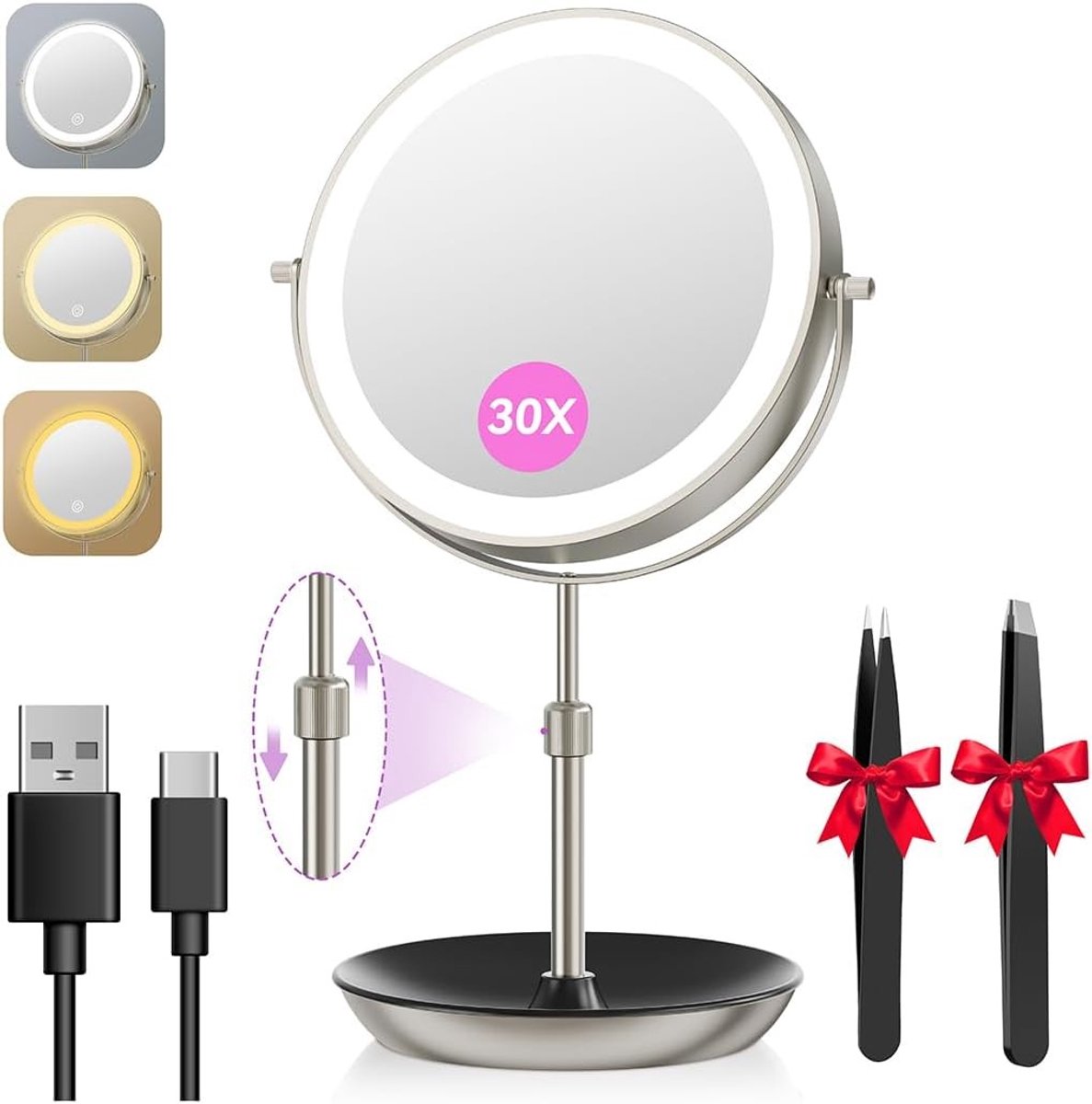 Oplaadbare Make-up Spiegel - A-nikkel - 23 cm - Verlicht met Dimbare Helderheid en 360° Draaibaar - Voor Thuis en Professioneel Gebruik