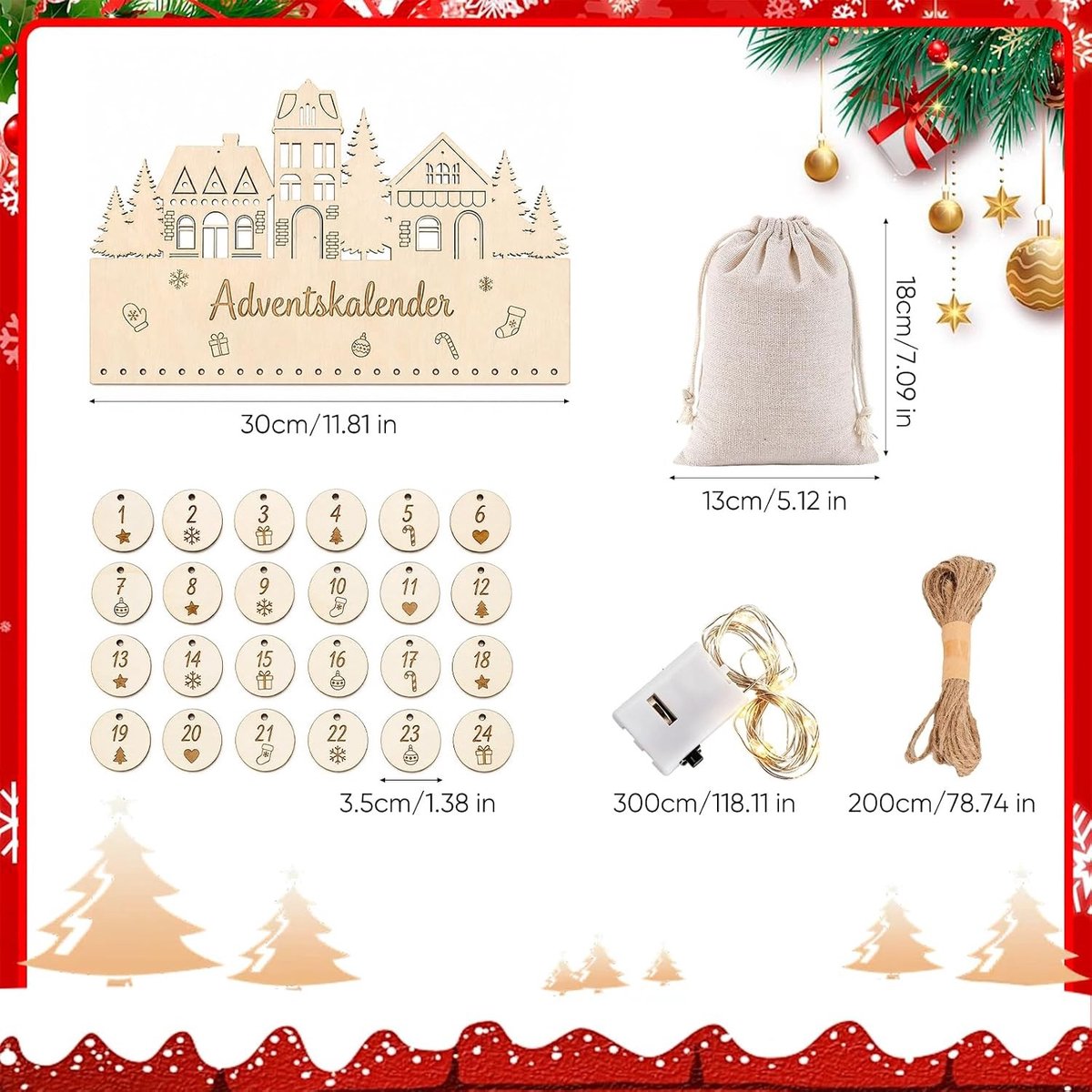 Adventskalender om te vullen - Hout - Inclusief 24 jute zakjes en LED-verlichting - Voor een sfeervolle kerstdecoratie