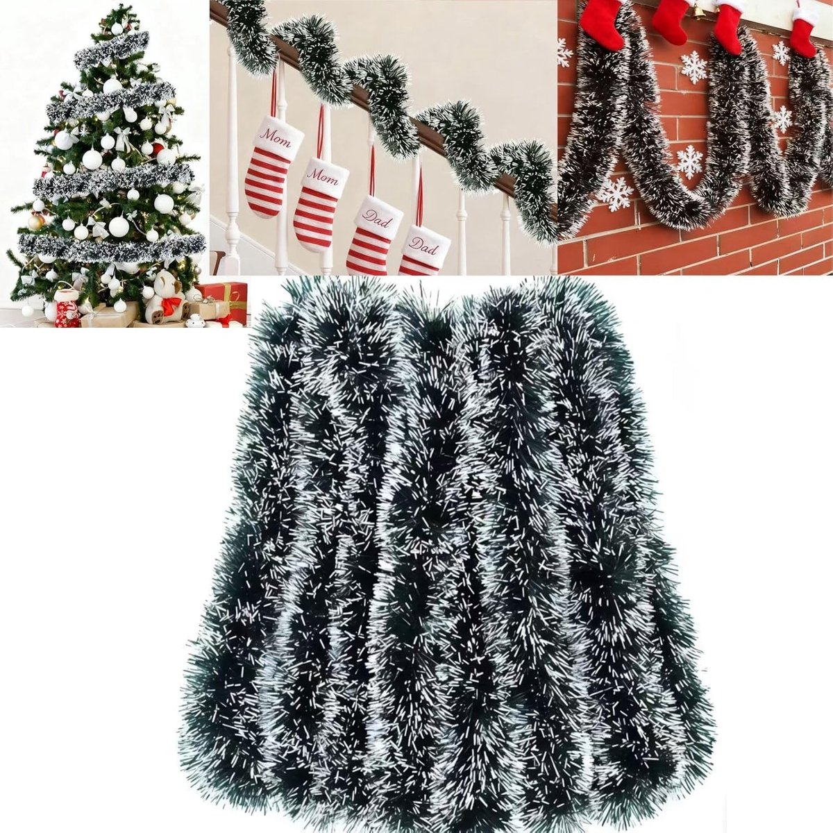 Kerstslinger - Groen en Wit - 10 m - Glanzende Lametta Slinger - Voor Kerstdecoratie Binnen en Buiten