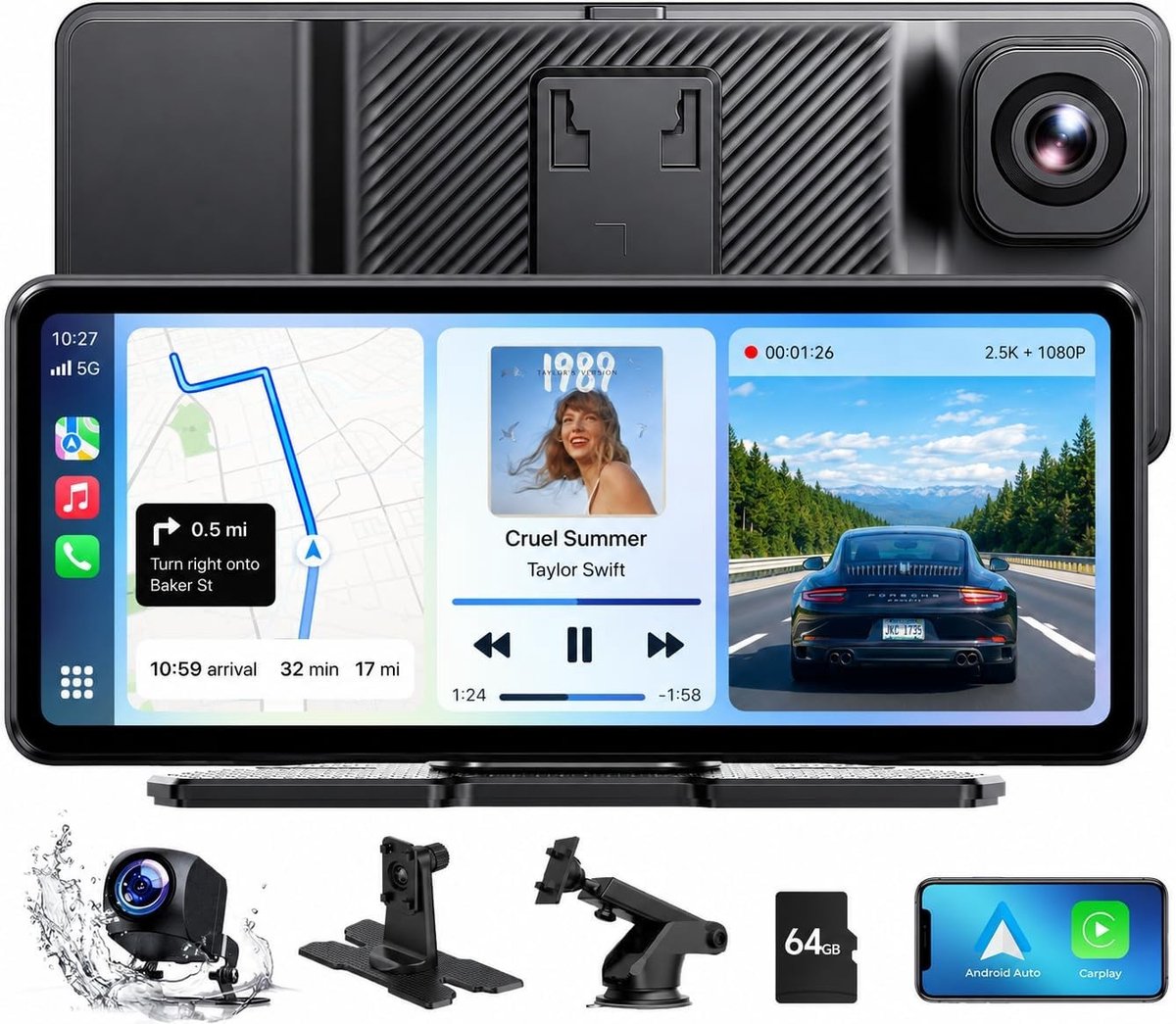 Draadloos CarPlay Android Auto Display met Dashcam - Zwart - 6,86 inch - Draagbaar HD Touchscreen met Spraakassistentie - Voor in de Auto