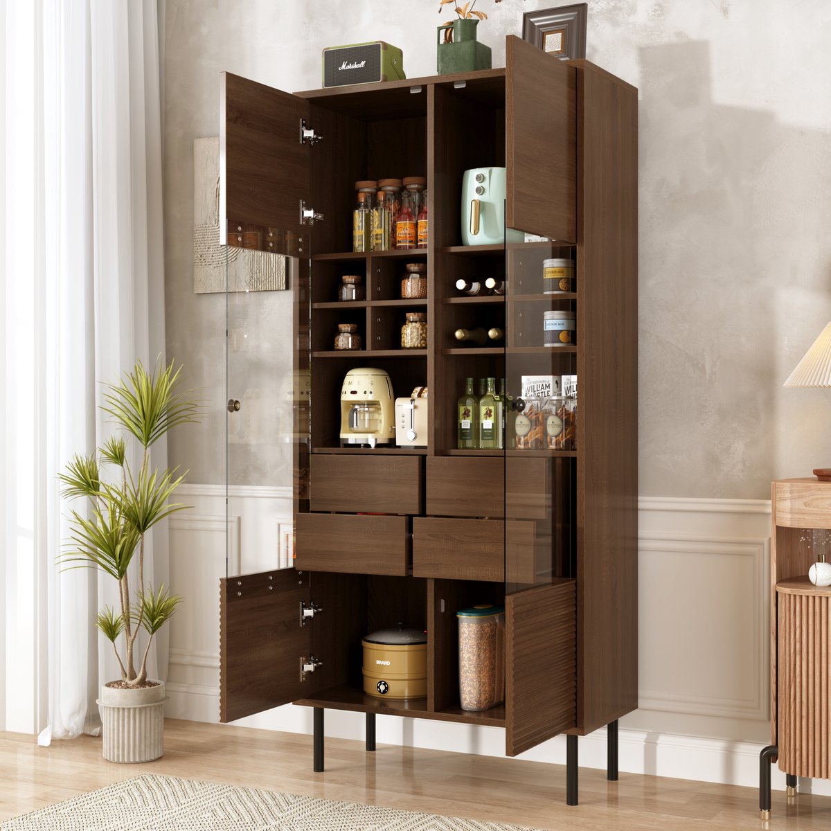 COVREO Vitrinekast 75,5 x 35 x 164,5 cm walnootlook, glasdeur en 4 lades
