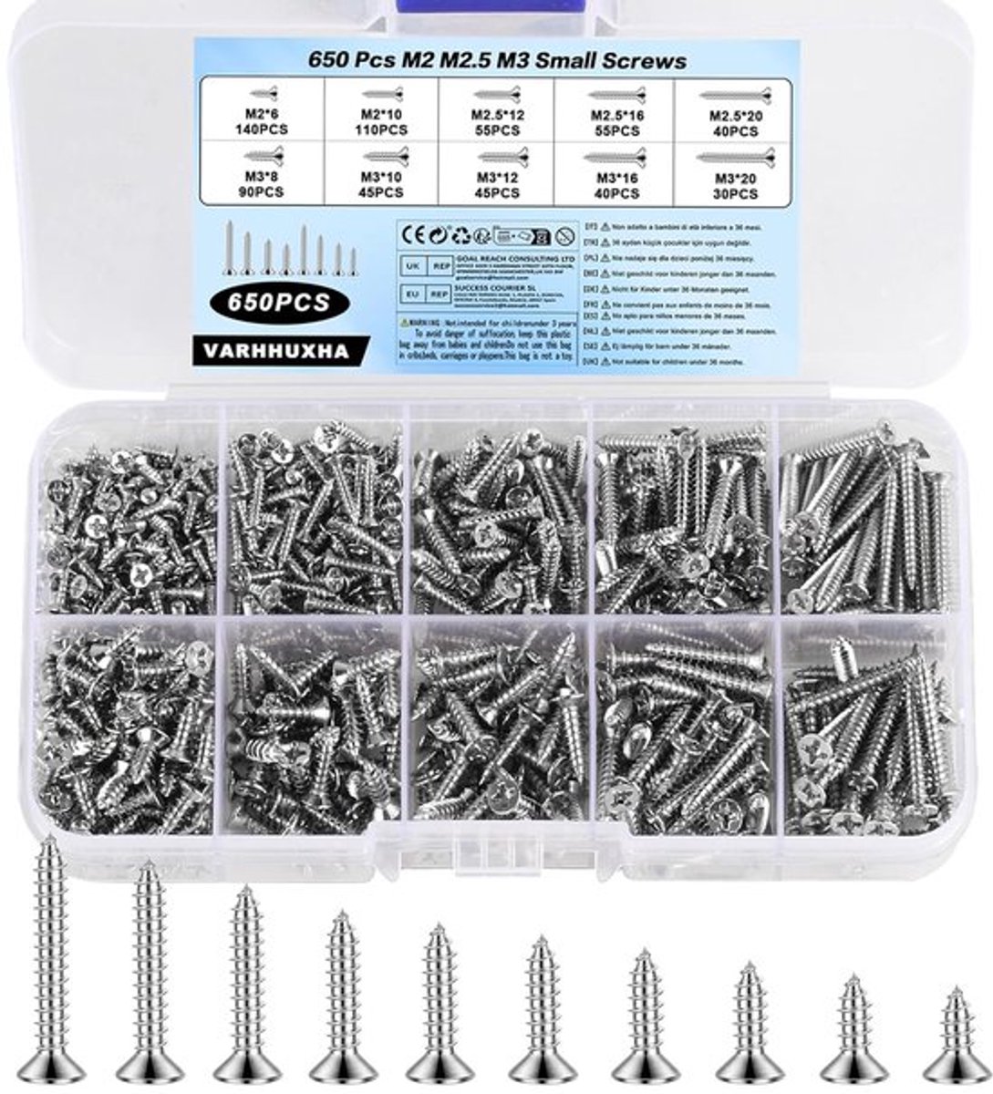 - Zelftappende schroeven set 650 stuks M2 M2.5 M3 voor hout - Phillips kop - Houten plaat schroeven assortiment voor reparaties aan huis