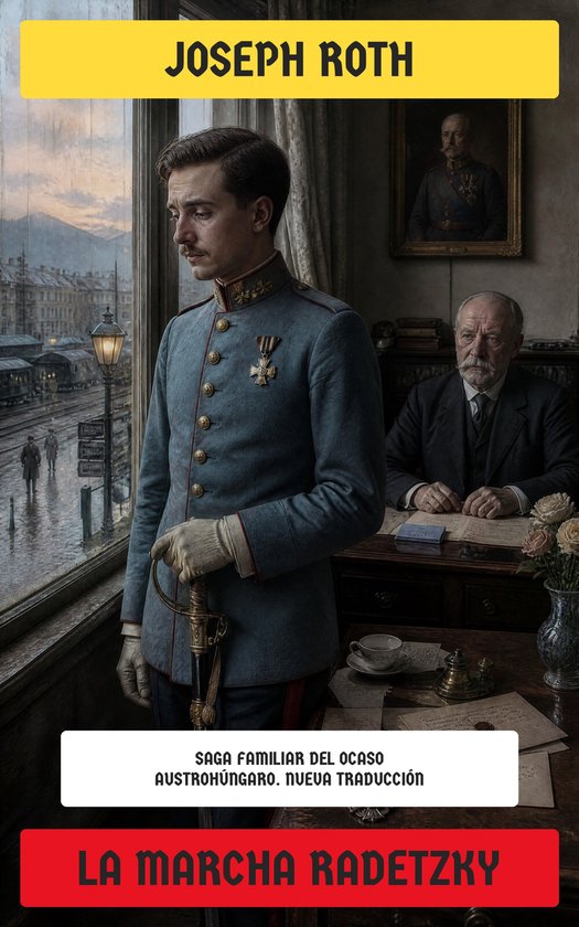 Boekomslag 'La Marcha Radetzky' met een jonge man in uniform bij het raam en een oudere man aan een bureau. Tekst: JOSEPH ROTH, SAGA FAMILIAR DEL OCASO AUSTROHÚNGARO. NUEVA TRADUCCIÓN, LA MARCHA RADETZKY.