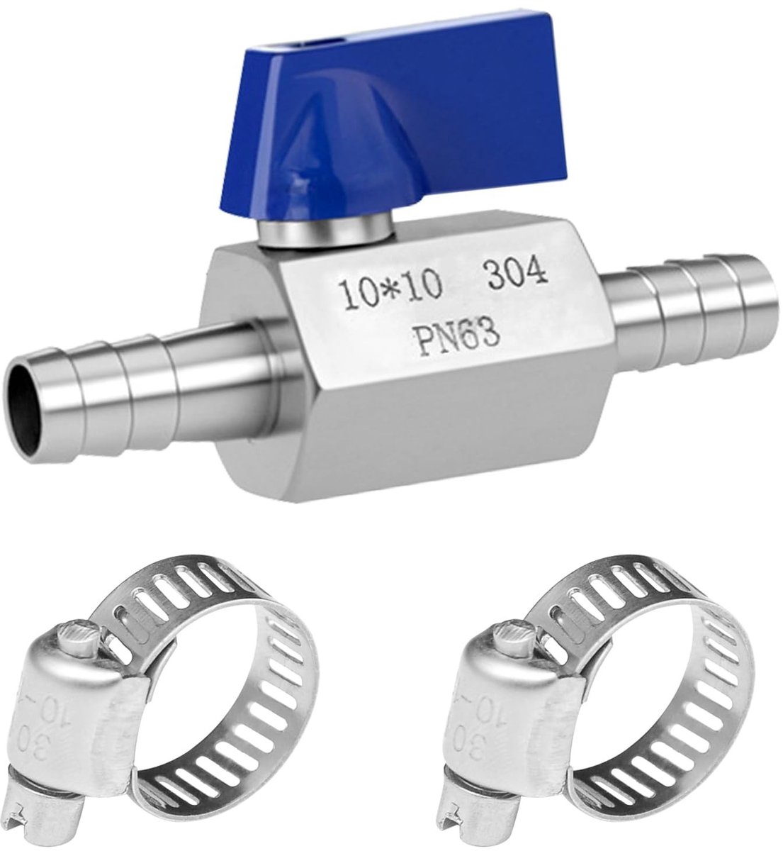 Solidchoice - 10mm RVS Kogelafsluiter met 2 Slangklemmen
