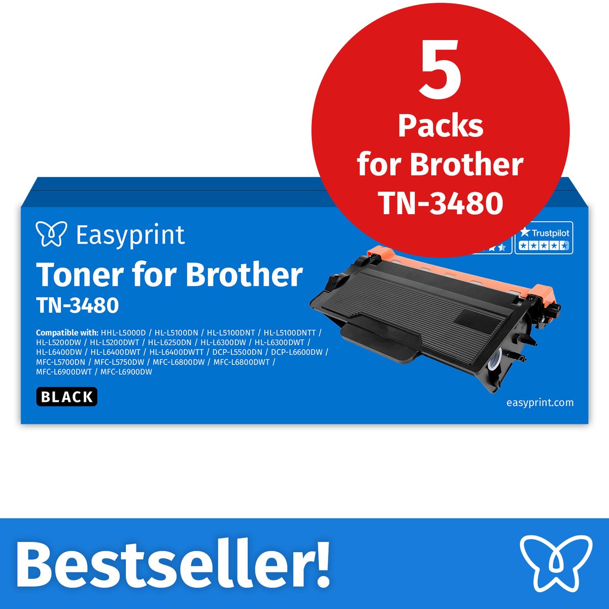 NIEUW: Easyprint Toner voor Brother TN3480, compatibel met Brother DCP-L 5500, HL-L 5000, MFC-L 5700, e.d., 5 stuks