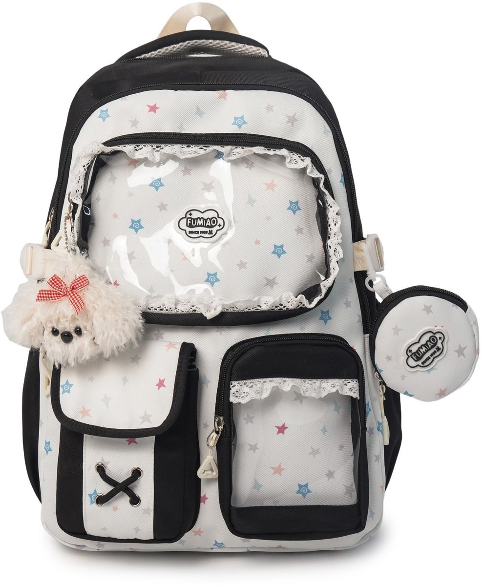 Meisjes Rugzak Set – Schoolrugzak met Portemonneetje – 2-delige Set – 31 × 17 × 43 cm – Met Transparant Voorvak – Voor Buttons & Foto's – Nylon – Zwart – Voor School & Dagelijks Gebruik