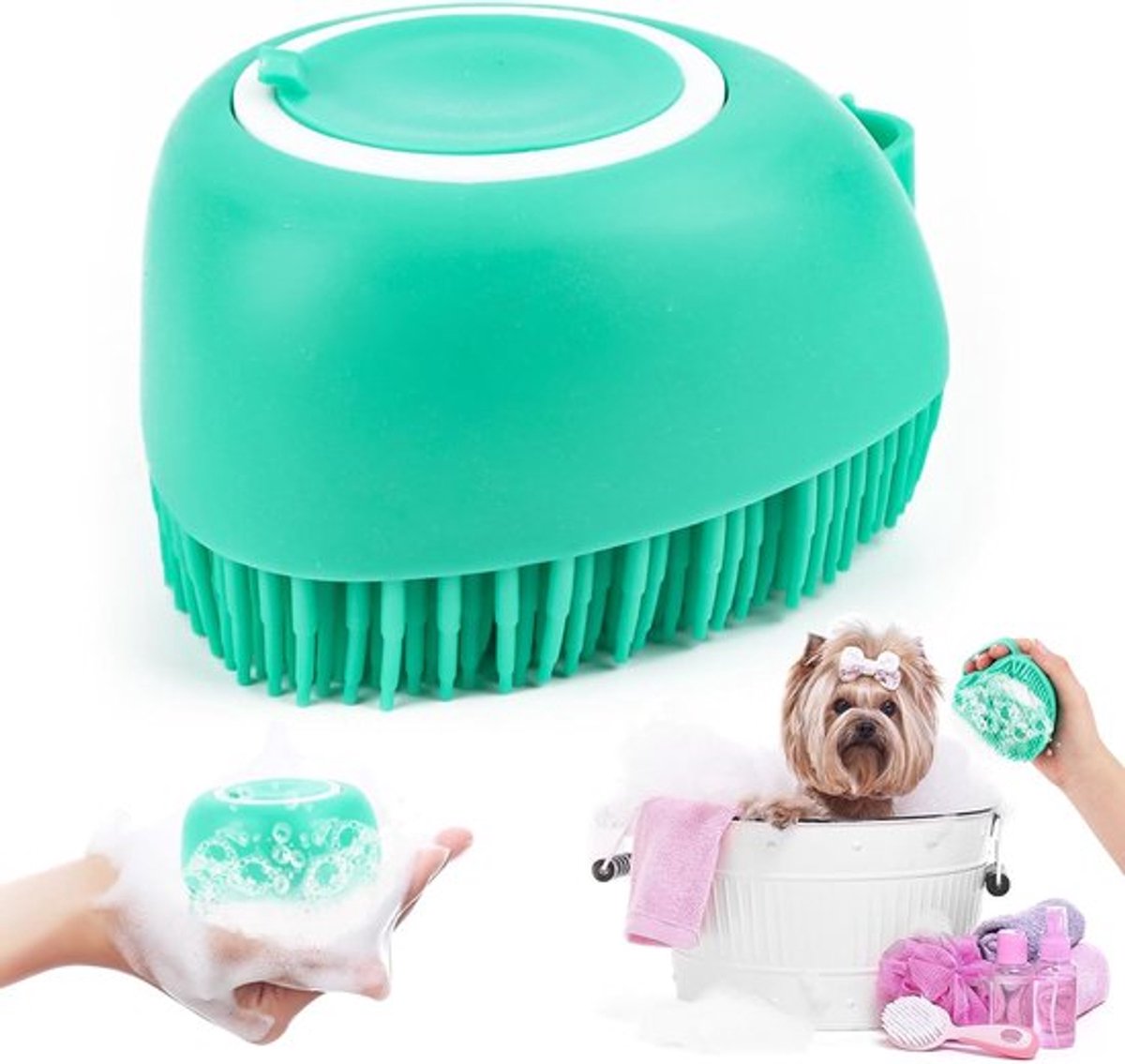 Hondenbadborstel, zachte wasborstel voor het douchen van honden, hondenzeep met zeepdispenser, doucheborstel, siliconen badborstel, zachte hondenborstel voor honden en katten