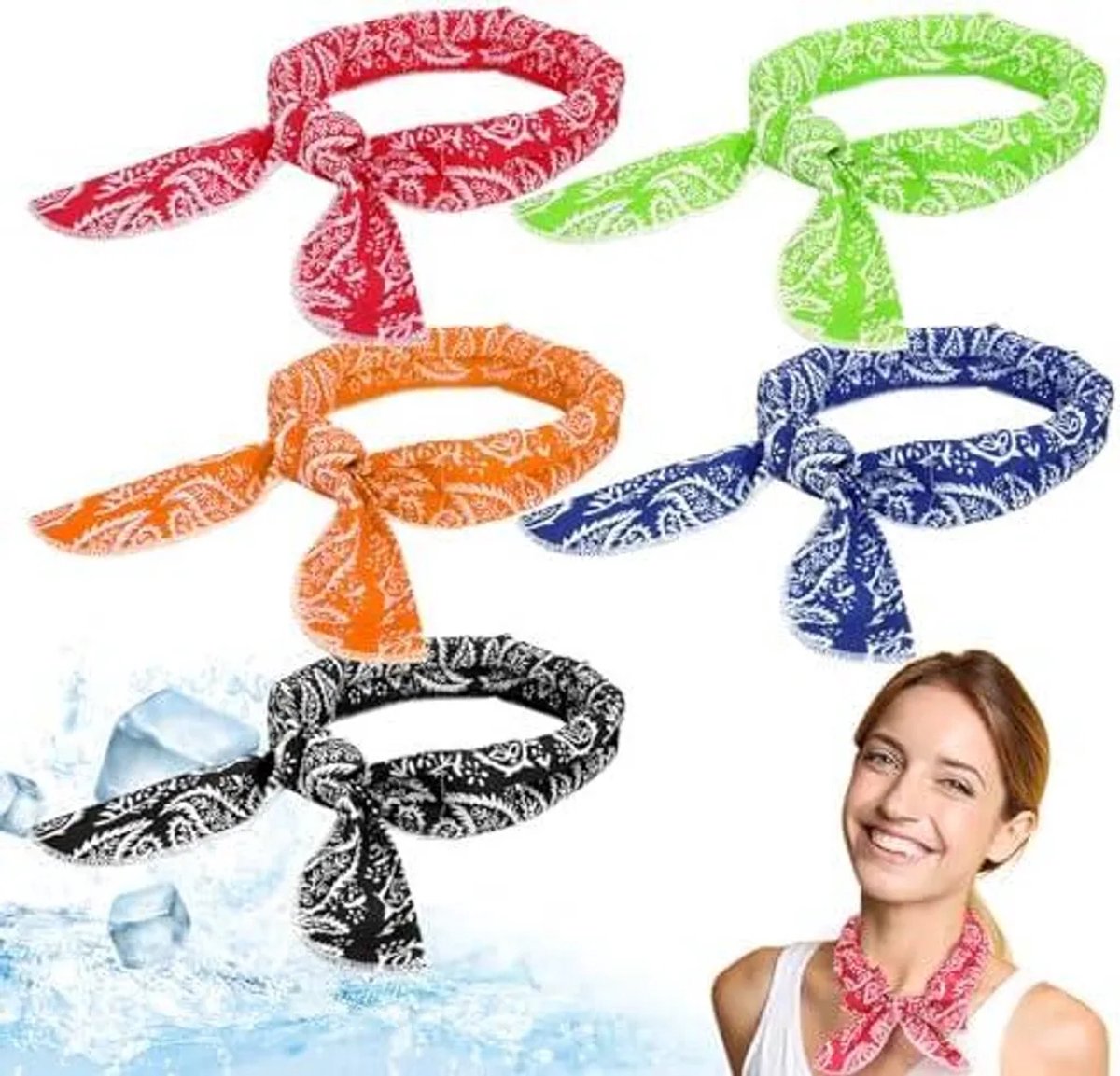 Deze 5-delige set met verkoelende handdoeken bestaat uit een nekwarmer/hoofdband, een verkoelende sportsjaal, een snelverkoelende sjaal en een verkoelende zomerhoofdba (retro kleur)