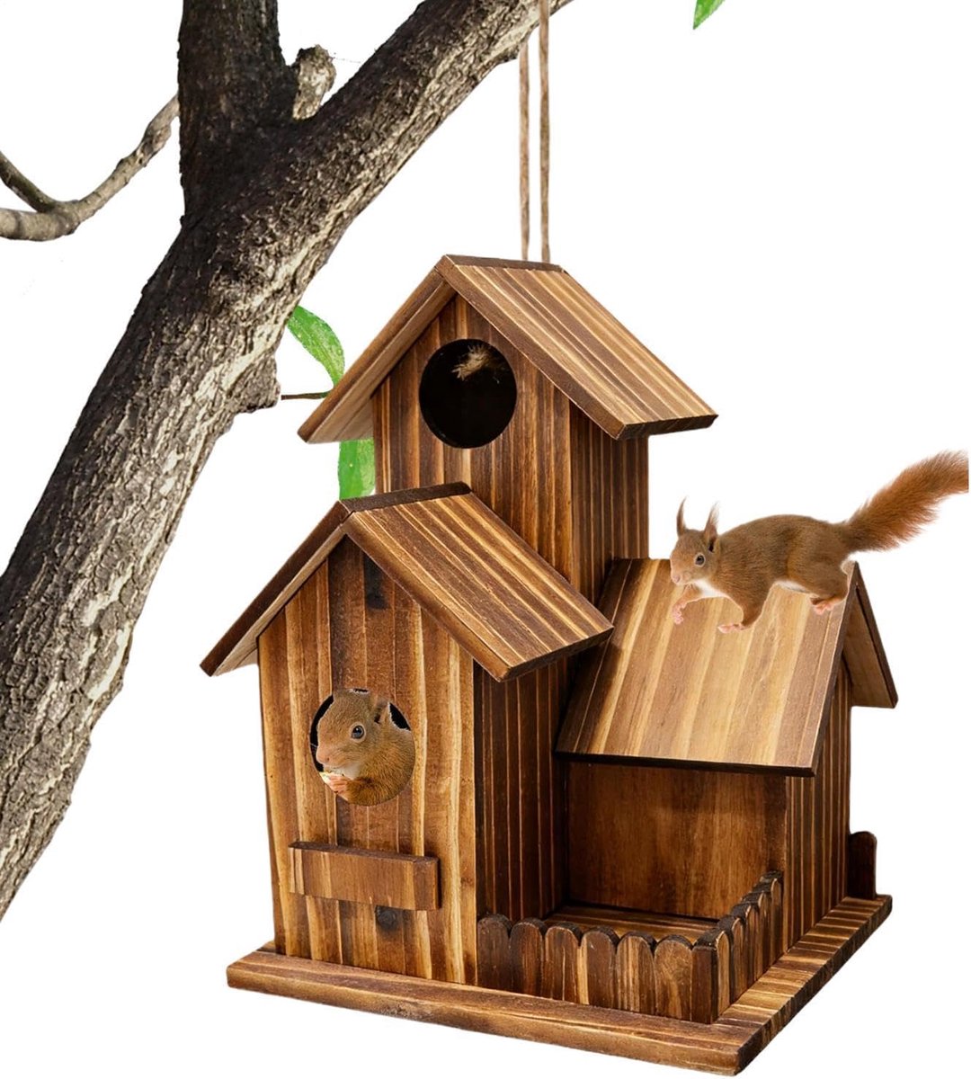 Buitenvogelhuisje – Houten vogelhuisje met drie openingen – Om op te hangen – Geschikt voor blauwvogels, vinken, kolibries en meer – Bruin