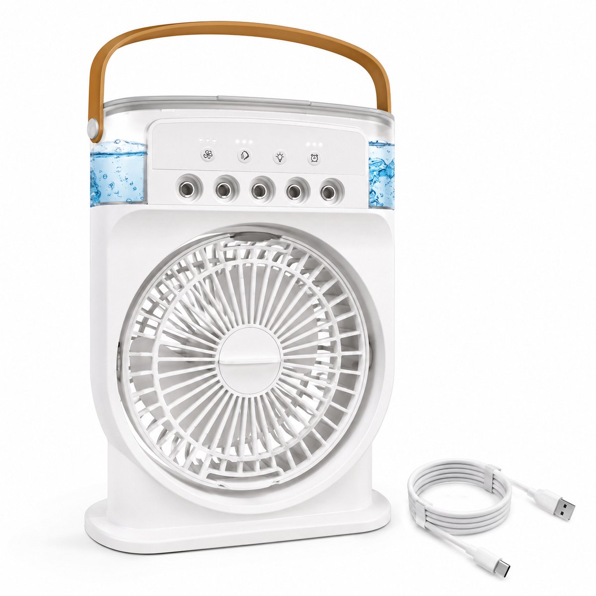 Draagbare Mini Aircooler 4-in-1 - Ventilator met Waterkoeling & Luchtbevochtiger - 600 ml - 3 Standen - USB-C Oplaadbaar - LED Nachtlamp - Wit