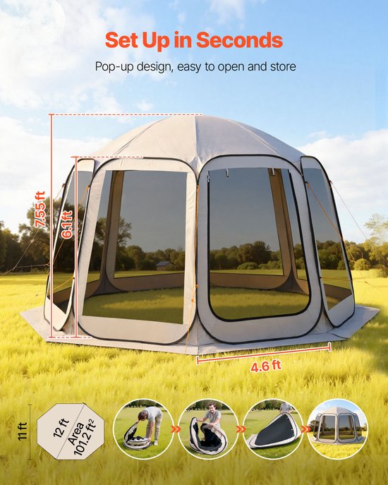 Opvouwbare Tent, 365,76 X 335,28 cm, Draagbare Kampeertent voor 10-12 Personen, inclusief Net, Draagtas, Zijwanden en Haringen, Geschikt voor Tuin, Terras en Buitengebruik,Beige — afbeelding 3
