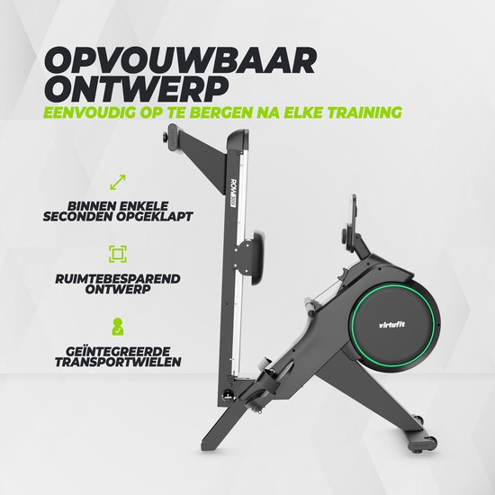 VirtuFit ROW300i Inklapbare Roeitrainer - 32 Weerstandsniveaus - Magnetische Weerstand - 150 kg - Inklapbaar - Bluetooth Hartslag - Kinomap - Roeimachine