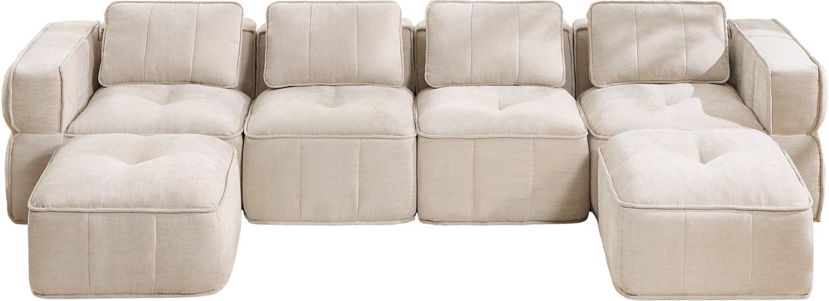 HAUSS SPOLE U-Bank - Modulaire 4-Zits Bank Met 2 Hockers - Zonder Montage En Met 32D Schuim - Voor Woonkamer - Polyester Beige