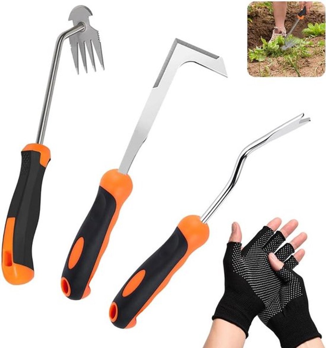 Onkruidsteker met rubberen handgreep - set van 3 - handig tuinhandgereedschap - onkruidverwijderaar - met steel - voor tuinieren - roestvrij staal - eenvoudig op te bergen - handonkruidsteker.