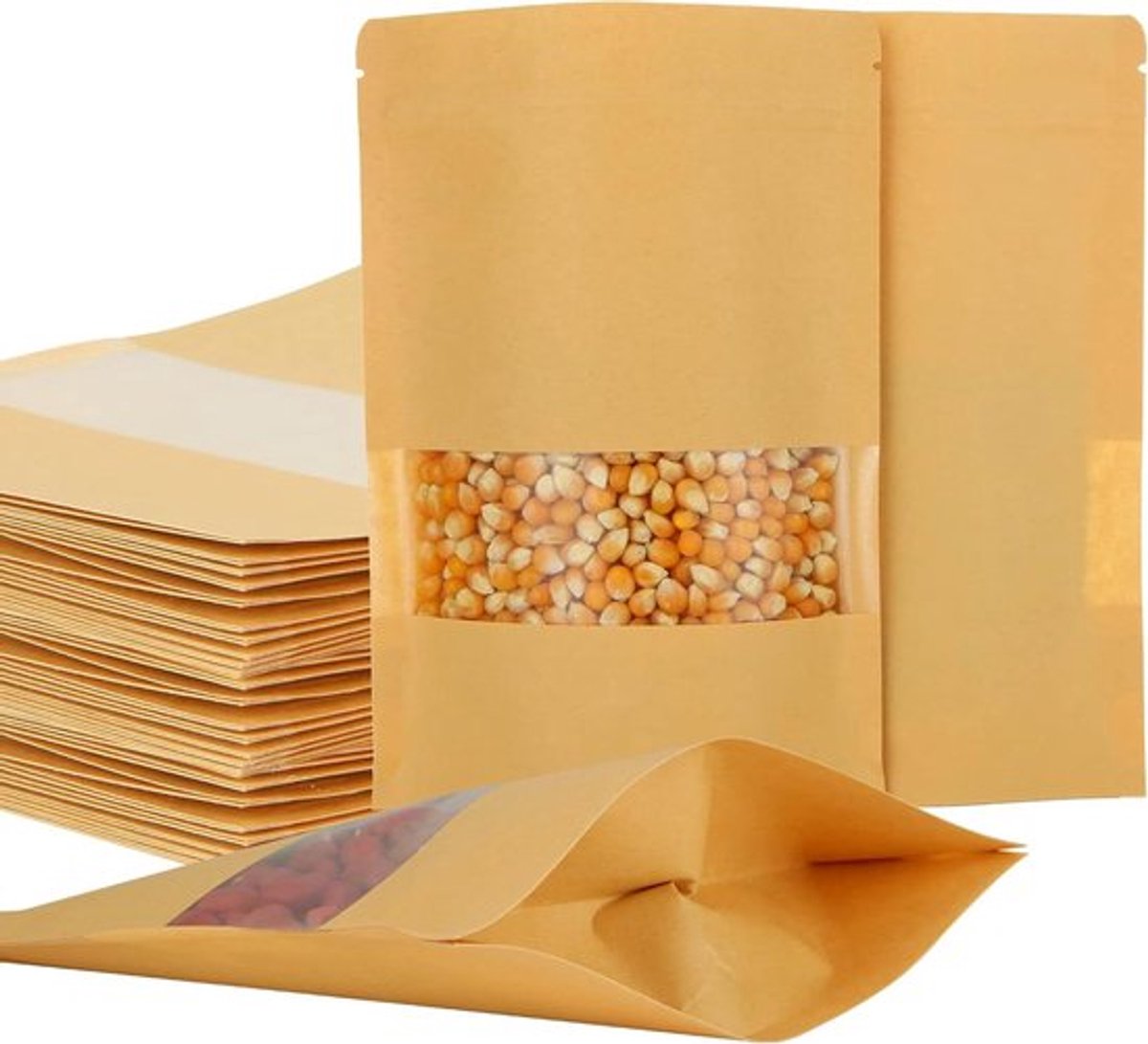 150 Kraftpapieren Zakken met Venster - 20 x 14 cm - Kraft-Ritszak - Noten - Voedselopslag