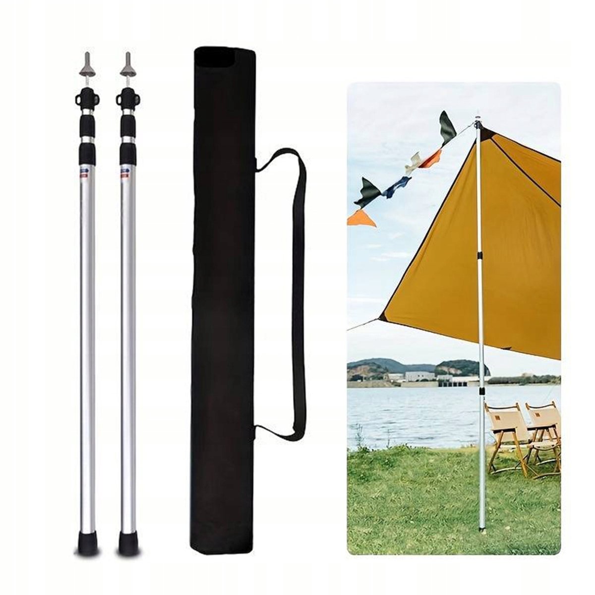 Tarp/Tentstok - Spanstok Luifel - Tentstang - Luifelstok - Telescopisch - 2 Stuks - 90-230 cm - Aluminium - 4 Delig - Roestpreventie & Antislip - met Opbergtas - Telescoopstang - Voor Tent Tarp Luifel en Hangmat - Zilver