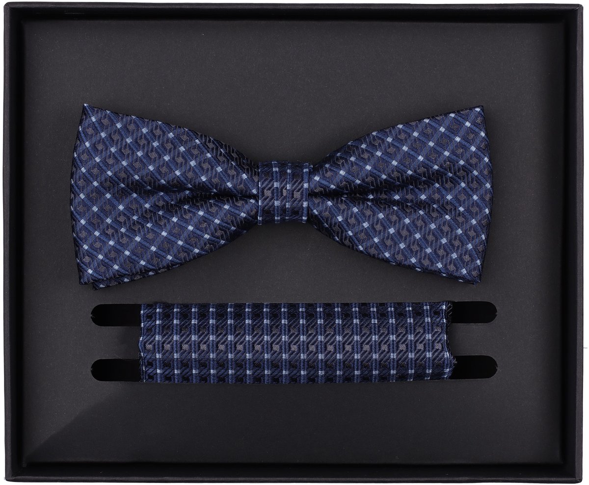 VENTI set met vlinderdas en pochet - donkerblauw - lichtblauw - grijs dessin