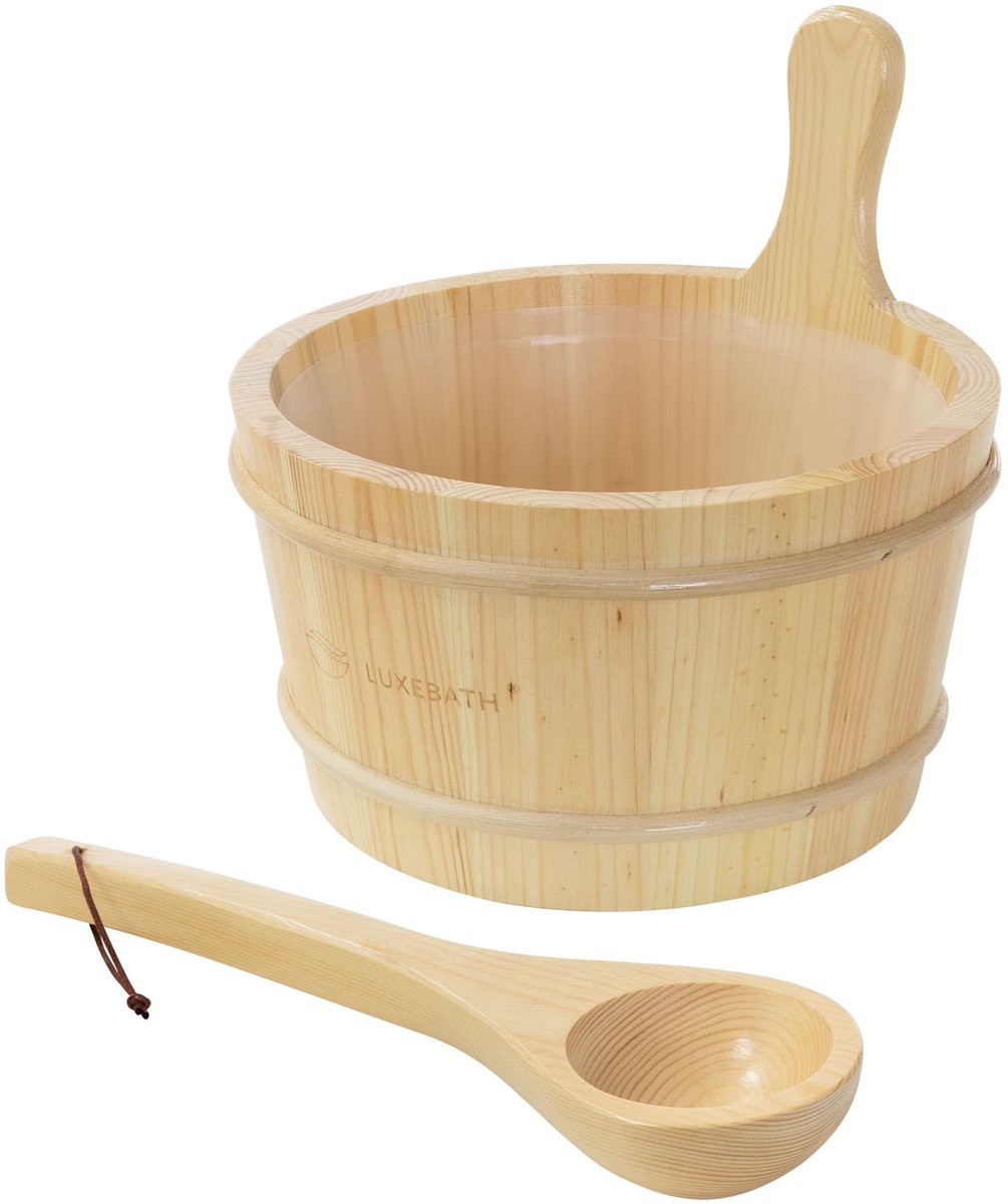LuxeBath | Sauna-accessoireset (2-delig) van massief grenenhout, houten emmer met kunststof inzetstuk & schepje, saunaset – ideaal als cadeau